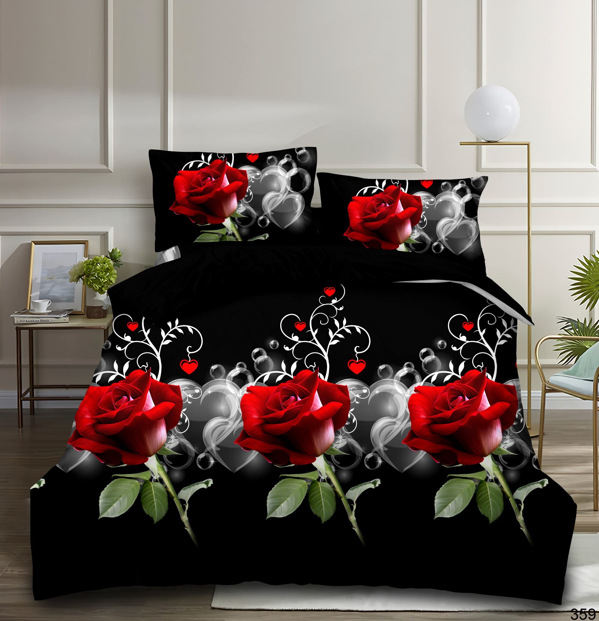 4-Piece Red Rose Black Base 359 Super King Duvet Cover Set - 3D Printed Microfiber Quilt Cover with Fitted Sheet for Bedroom - Hotel Quality Shrink and Fade Resistant Bedding with 2 Pillowcases