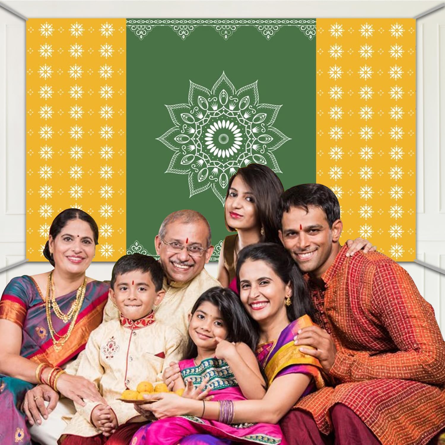 Party Propz Traditional Backdrop Decoration Cloth, Diwali Decoration for Home Decor, Navratri Decorations Items, Annaprasana Decorations, Haldi Decor (Cloth Banner)(Green,Yellow) - Image 7 thumbnail