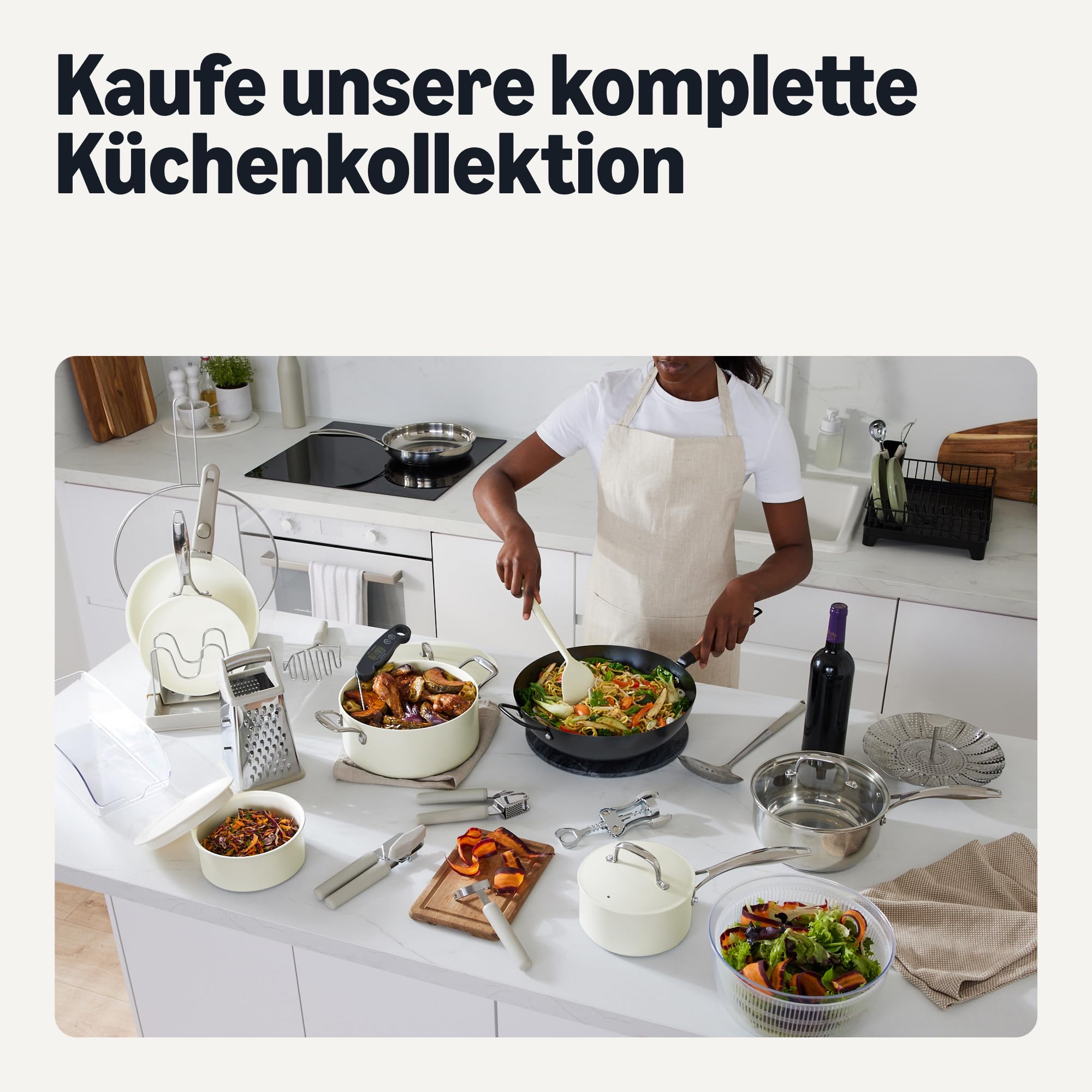 Amazon Basics Antihaft-Keramikkochgeschirr, 8-Teiliges Topf- und Pfannenset, Spülmaschinen- und Ofenfest, Für alle Herdarten geeignet, Elfenbeinfarben