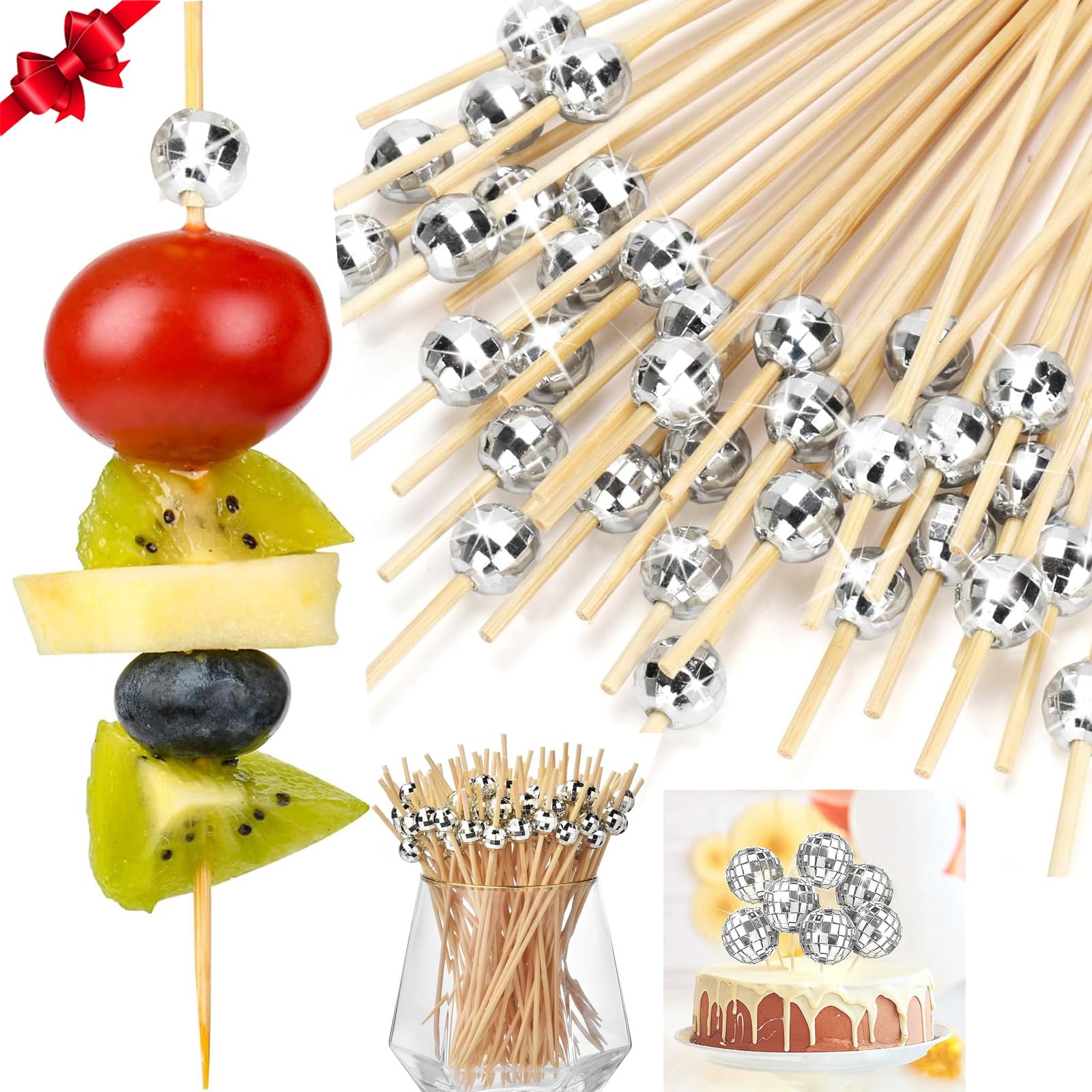 Cocktail Picks, Disco Ball Decorative Toothpicks for Appetizers, fancy toothpicks for appetizers Drinks Food Party Decorations,skewers for appetizers,4.7" Long Silver Wooden cocktail toothpicks 100PCS