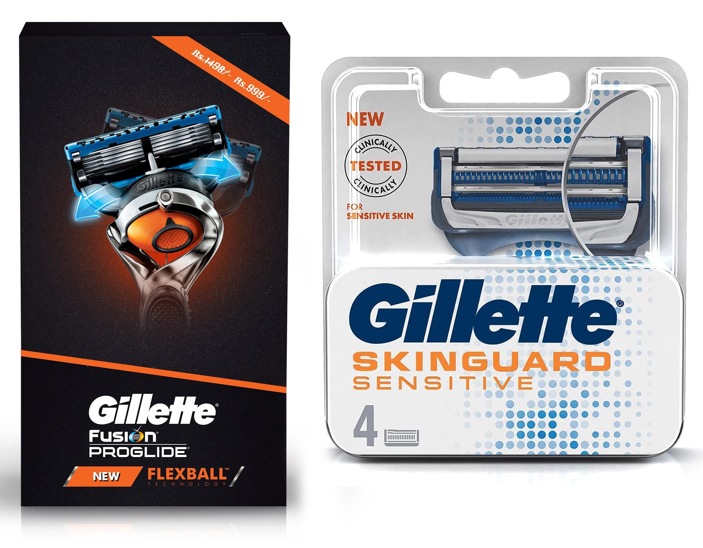 Gillette Flexball Pro Glide Gift Pack And Flexball Razor With 4 Flexball Cartridge And Skinguard Manual Shaving Razor Blades For Men- Pack Of 4 Cartridges