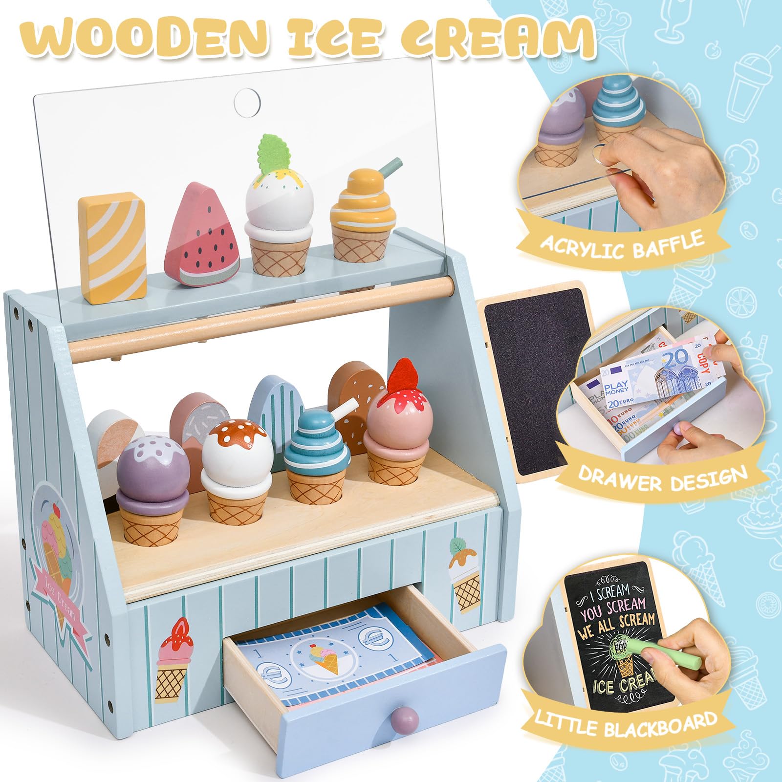 Atoylink Eisdiele Kinder Holz, kaufladen Zubehör mit Kaufmannsladen Zubehör Holz Spielgeld Einkaufsladen, Eisladen Kinder EIS Spielzeug Rollenspiel Geschenk für Mädchen Junge 3 4 5 6 Jahre (Blau)