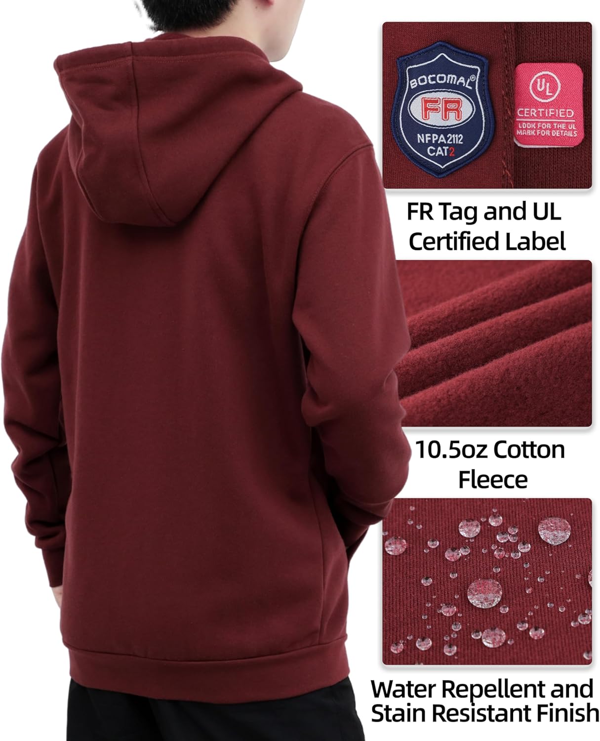 BOCOMAL FR Hoodies Pullover 10.5oz Cotton Fleece Flame Resistant Hooded Sweatshirts - Image 4