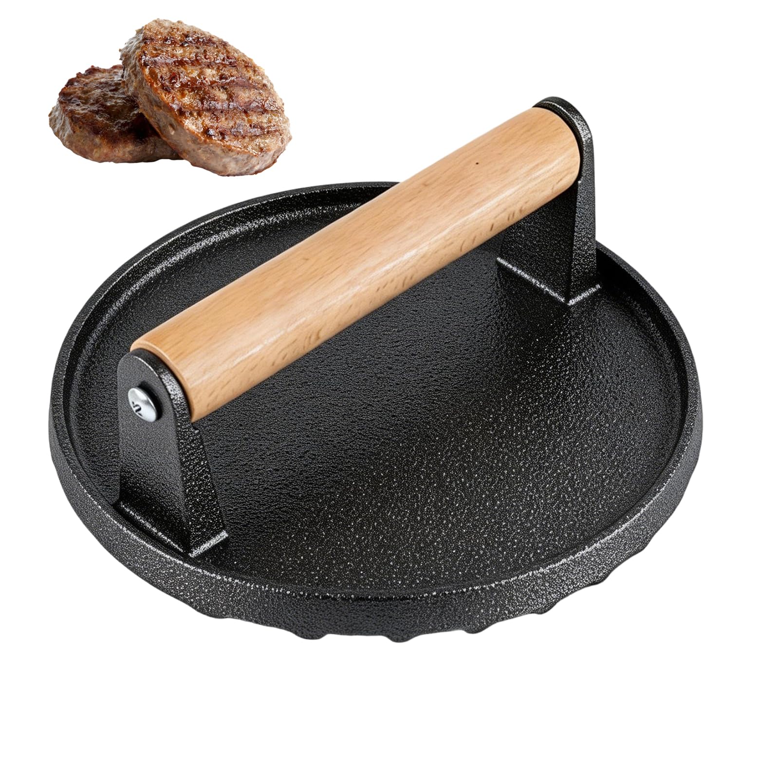 DGN Burger Smasher Gusseisen Rund Ø15,2cm mit Holzgriff | Smash Burgerpresse, Schwergewicht, Für Steaks, Burger, Fleisch, Speck, Sandwiches, Würstchen