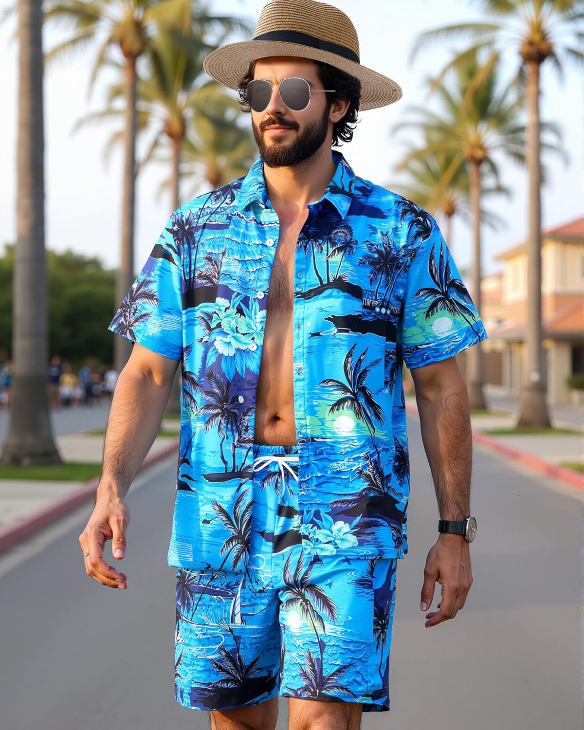 Mepase 4 Pcs Men's Hawaiian Outfit Hawaiian Short Sleeved Shirt and Shorts Set with Sunglasses Straw Hat for Men Beach