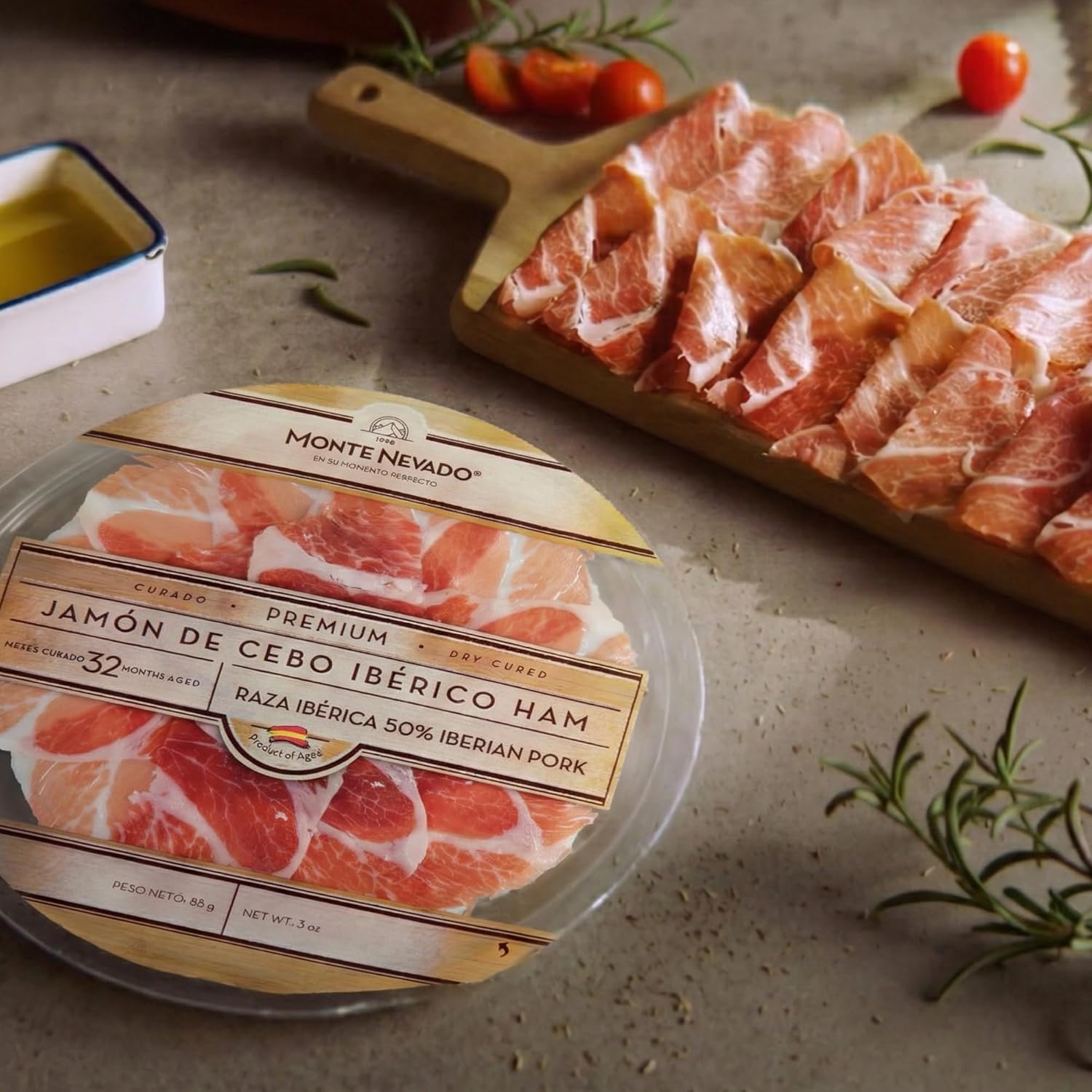 Monte Nevado Jamon Iberico Grain-Fed - (Cebo) 50% Iberico - 3oz Each, Pack of 2 units, Pre-Sliced Vacuum Packed Spanish Dry-Cured Ham - Tapas & Charcuterie Ready, Friends and Family Moments