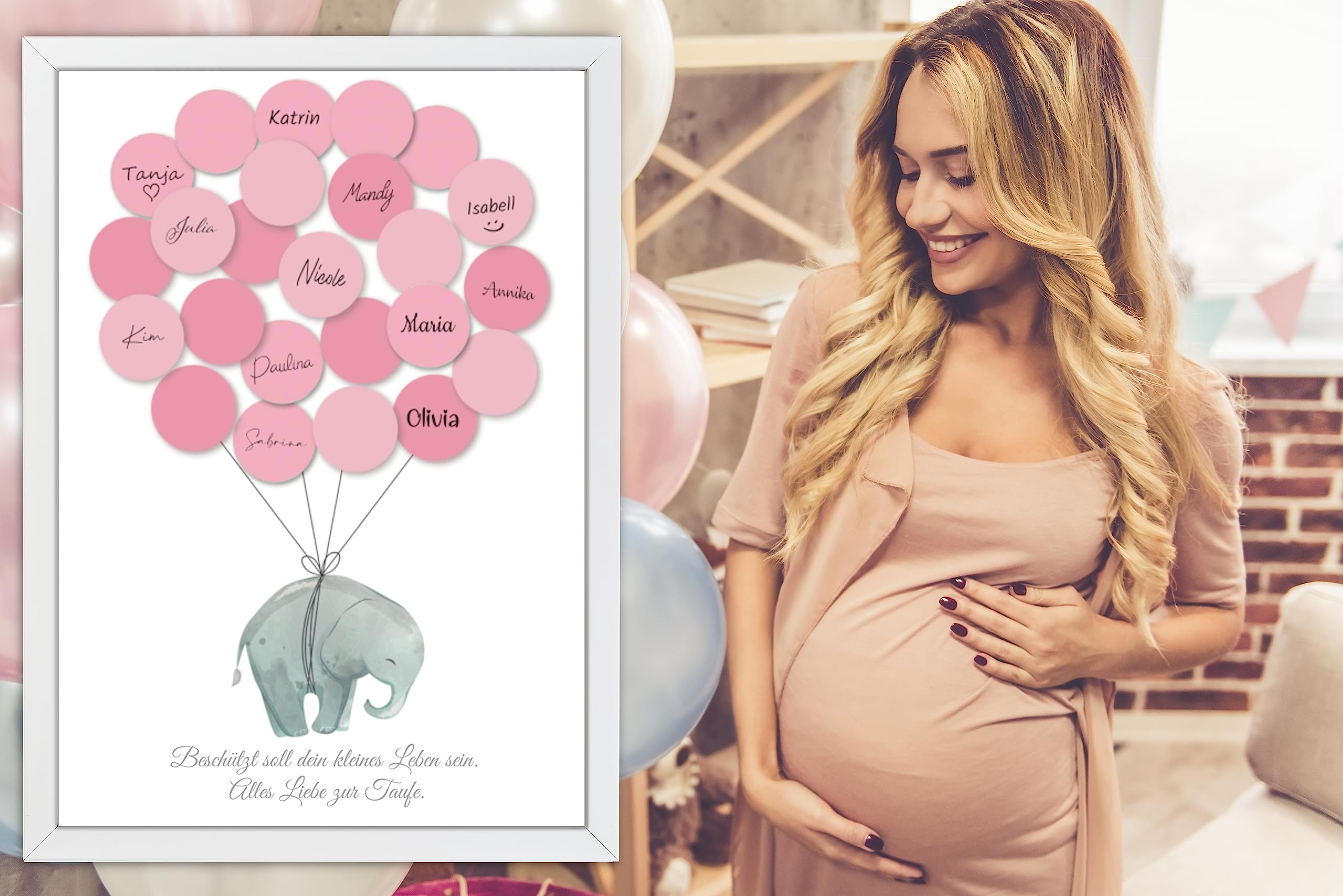 Christening Guest Book Baby Shower Set Guest Gift Puller Party Memorabilia / Keepsake Writeable / Fingerprint with Picture Frame (White Elephant Pink) - Image 2