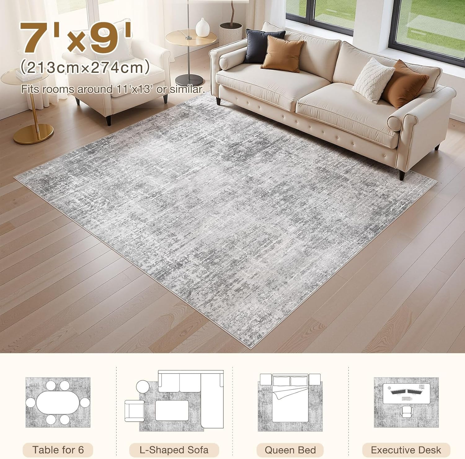 abstract living room rug 7x9 - modern washable soft thin area rug for living room bedroom under dining table - neutral indoor floor rug carpets for home office playroom nursery - grey white grey white 7' x 9' (rectangular)
