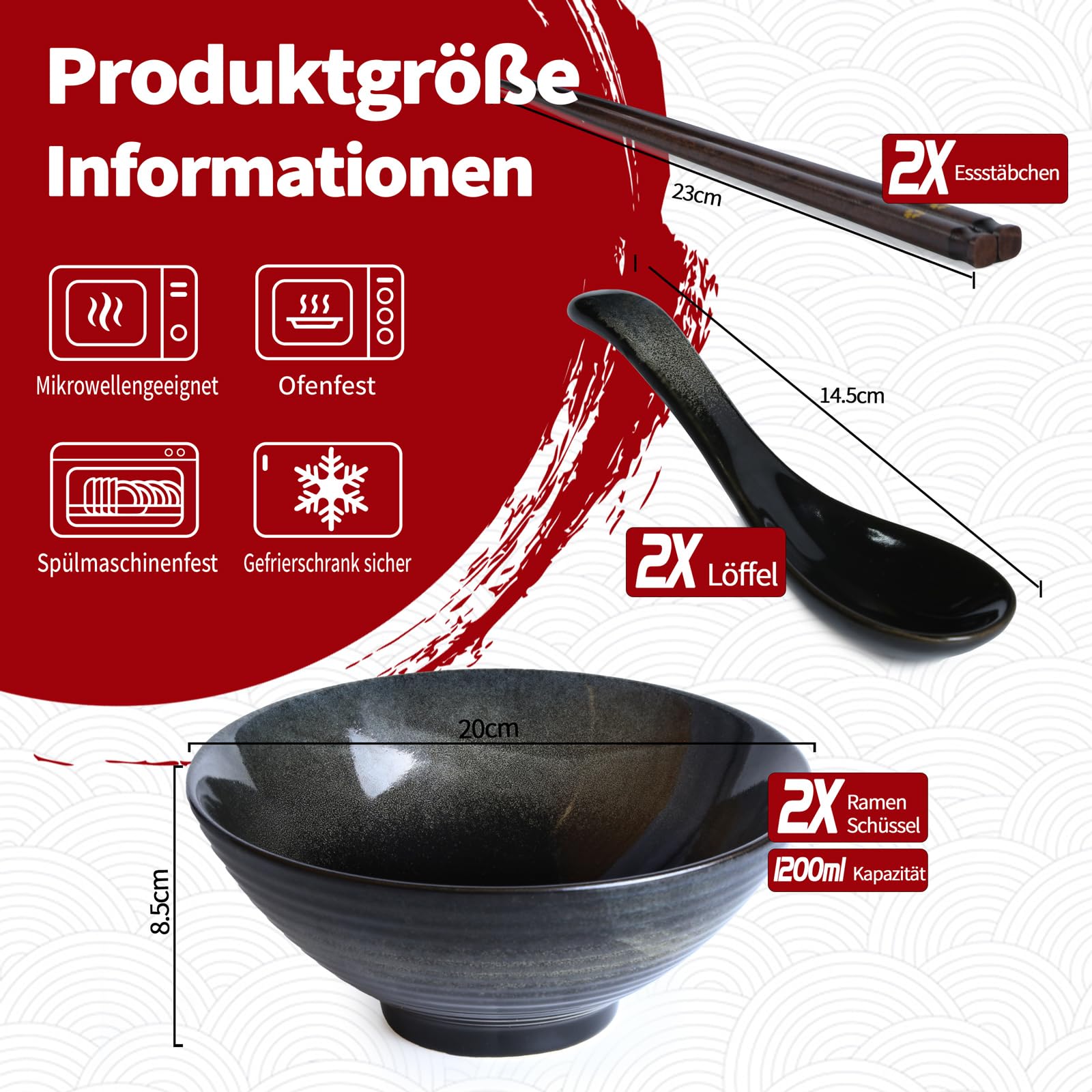 Lot de 2 bols à ramen japonais en céramique avec baguettes et cuillère, style asiatique en porcelaine, saladier, bol à soupe instantanée, 1200 ml, noir
