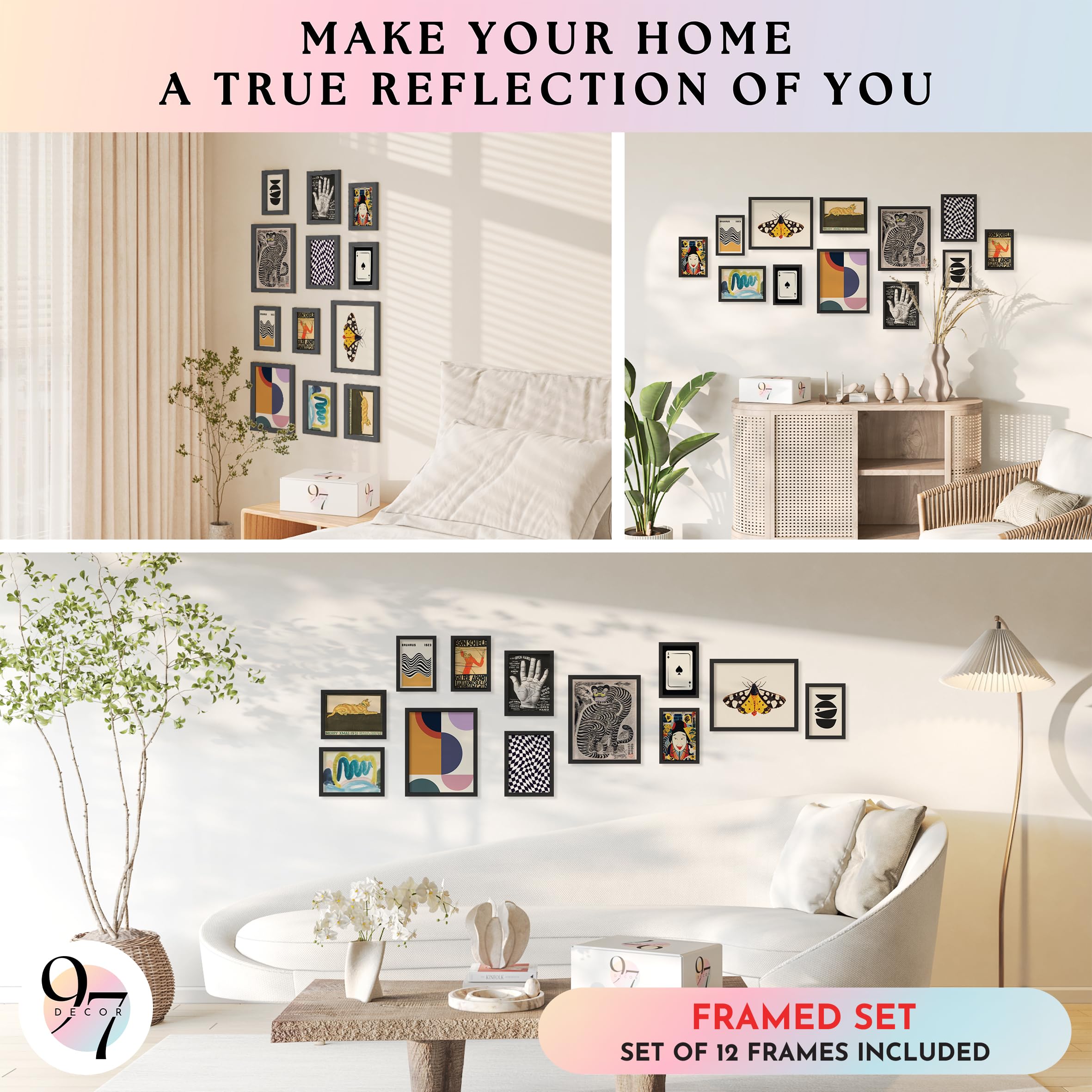 97 Decor Vintage Eclectic Wall Art Collage - Abstract Modern Art Prints For Wall Decor, Cool Funky Pictures Maximalist Paintings Retro Bauhaus Posters Set For Dorm Bedroom Home Decorations (Unframed): FRAMED Eclectic Folk Art