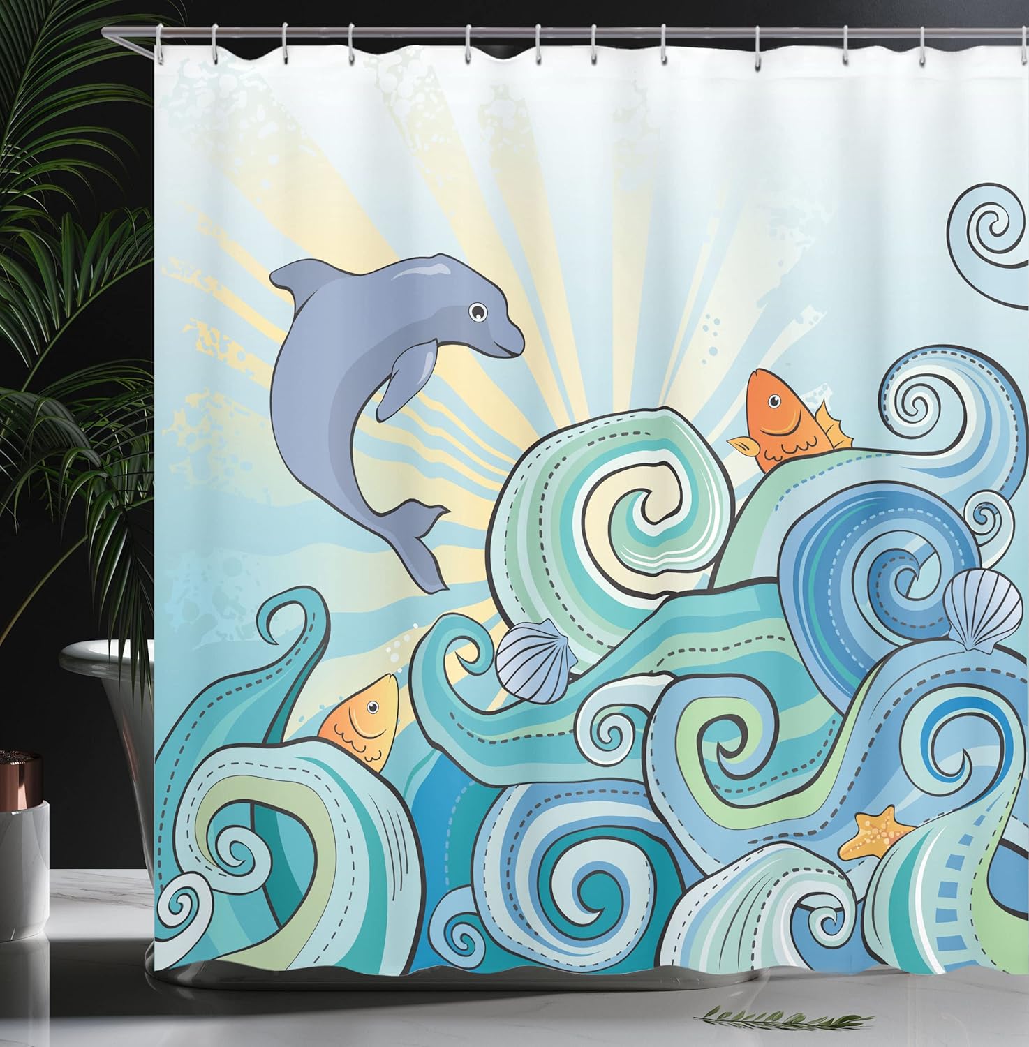Ambesonne Sea Animals Shower Curtain, Dolphin Fish Starfish Shells in Ocean Marine in Summer Pattern Print, Cloth Fabric Bathroom Decor Set with Hooks, 69" W x 75" L, Cream Cadet Blue Sea Blue