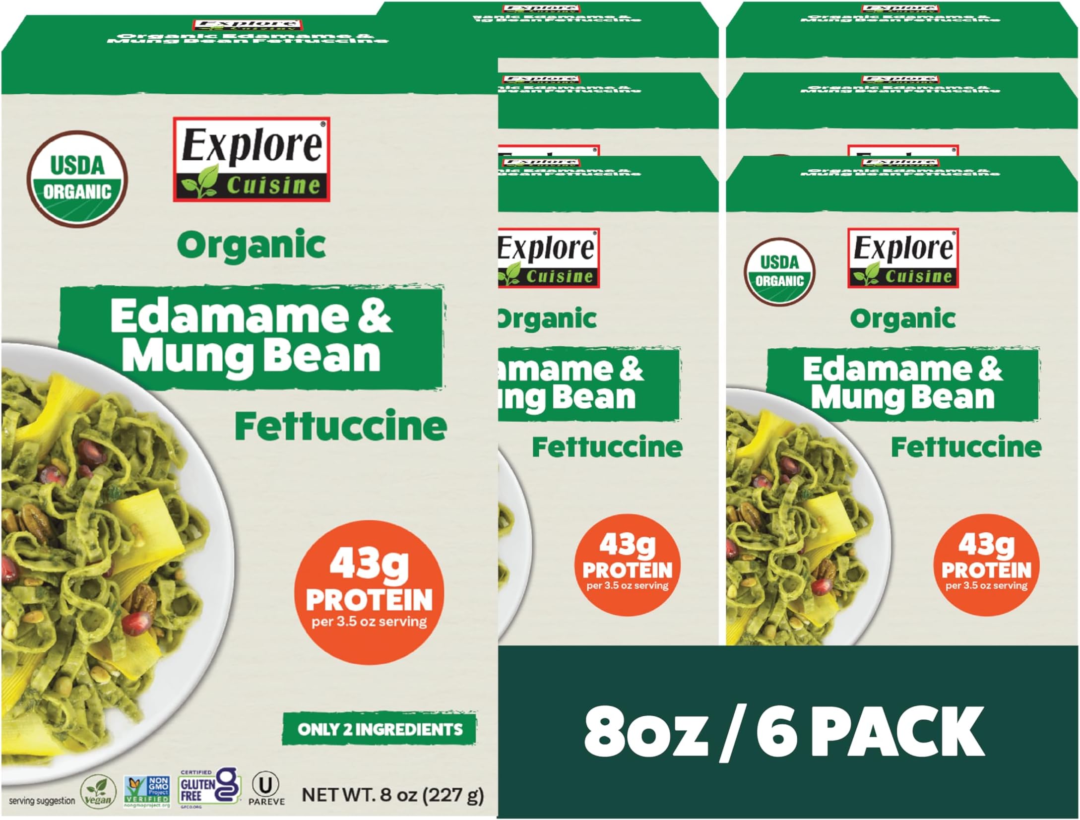 Explore Cuisine Organic Edamame & Mung Bean Fettuccine -Easy-to-Make Pasta - High in Fiber and Plant-Based Protein - Non-GMO, Gluten Free, Vegan, 8 oz (Pack of 6)