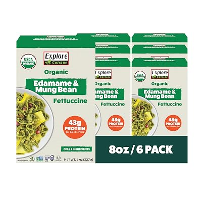 Explore Cuisine Organic Edamame & Mung Bean Fettuccine -Easy-to-Make Pasta - High in Fiber and Plant-Based Protein - Non-GMO, Gluten Free, Vegan, 8 oz (Pack of 6)