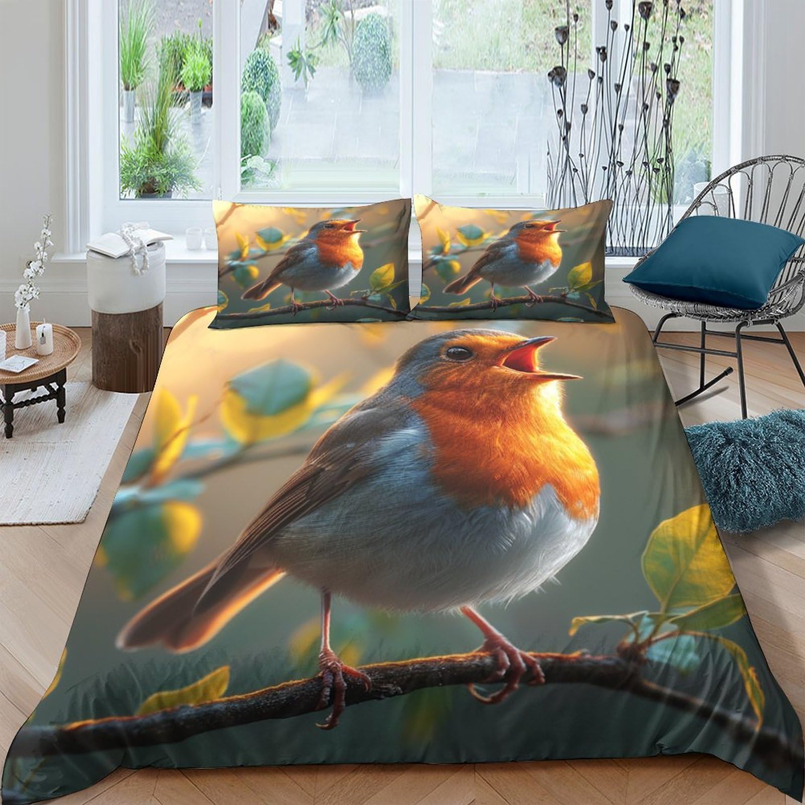 OPANZYYDE Robin Bird Duvet Cover Set 3 PCS Hotel Quality Quilt Cover Bedding Sets Bed Covers with Pillowcases with Zipper Closure Hypoallergenic Soft Breathable Microfiber King（220x240cm）