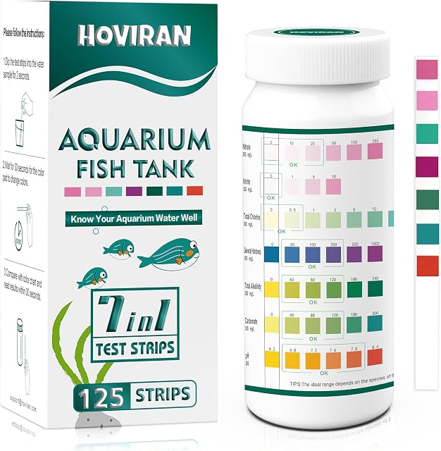 7 Way Aquarium Test Strips, 125ct Fish Tank Test for Freshwater Saltwater | Accurate Water Testing Kit Aquarium Pond for Chlorine, Total Hardness, Carbonate, Alkalinity, Nitrate, Nitrite and pH