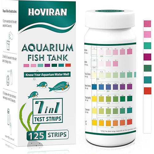 7 Way Aquarium Test Strips, 125 Count Fish Tank Test Strips for Freshwater Saltwater Pond, Water Testing Kit Aquarium for Chlorine, Total Hardness, Carbonate, Alkalinity, Nitrate, Nitrite and pH