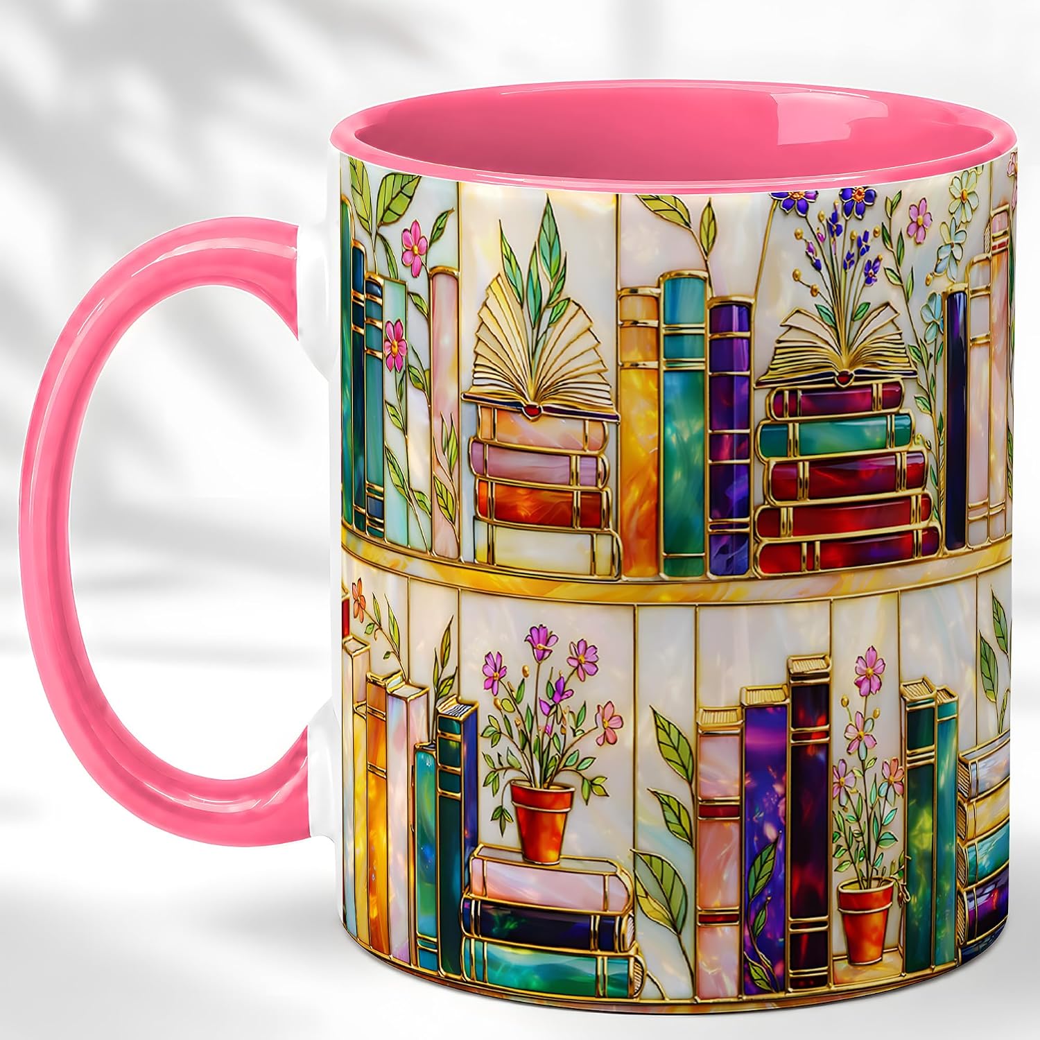 Stained Glass Bookshelf Art Coffee Mug, Elegant Book Lover Illustration Cup, Artistic Reading Theme Ceramic Mug, Thoughtful Gift for Home Office Friends Family, Daily Use Decor (pink 11oz)