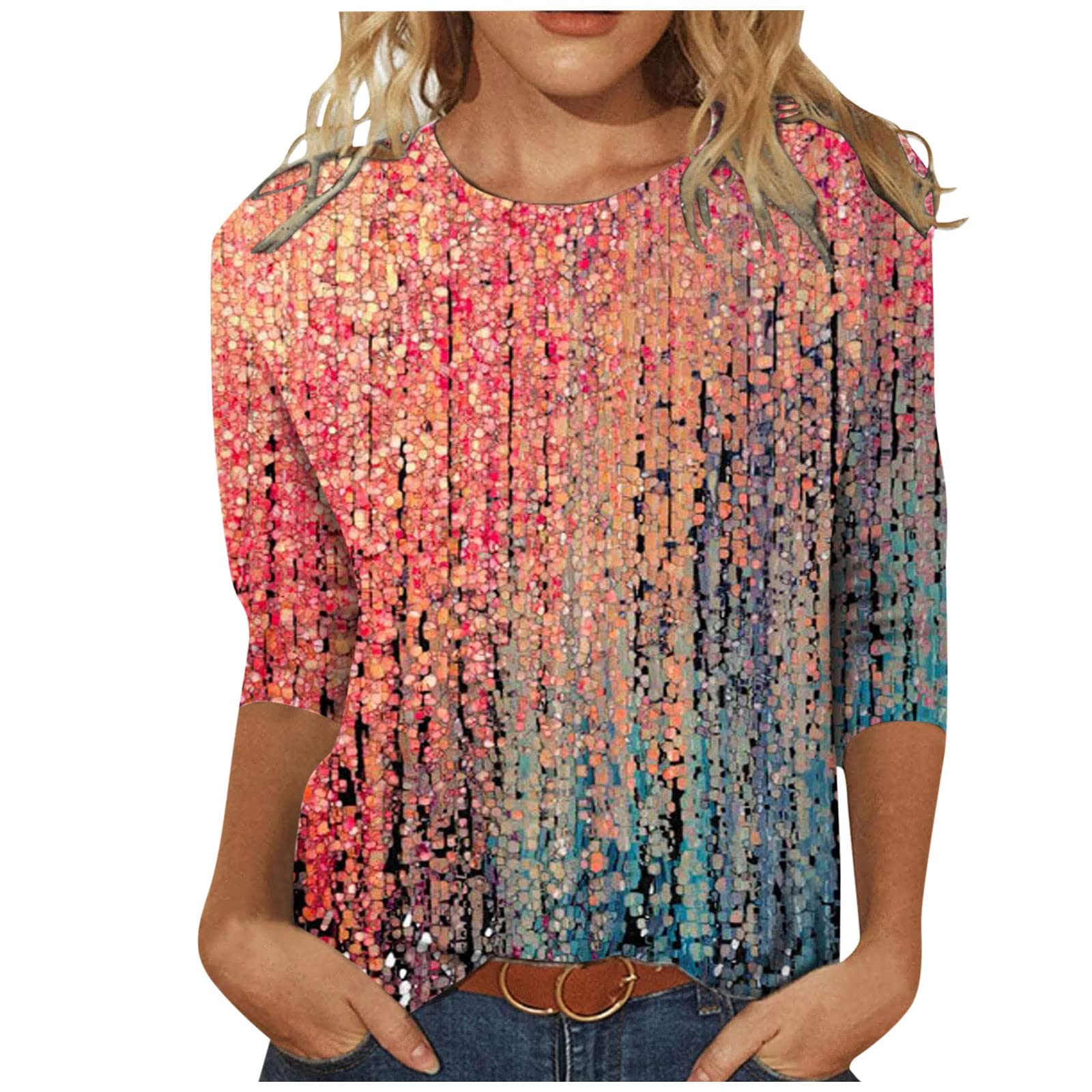 LISTHA Women's Casual 3/4 Sleeve T-Shirts Round Neck Basic Floral Print Tees Blouses Loose Fit Summer Tunic Tops