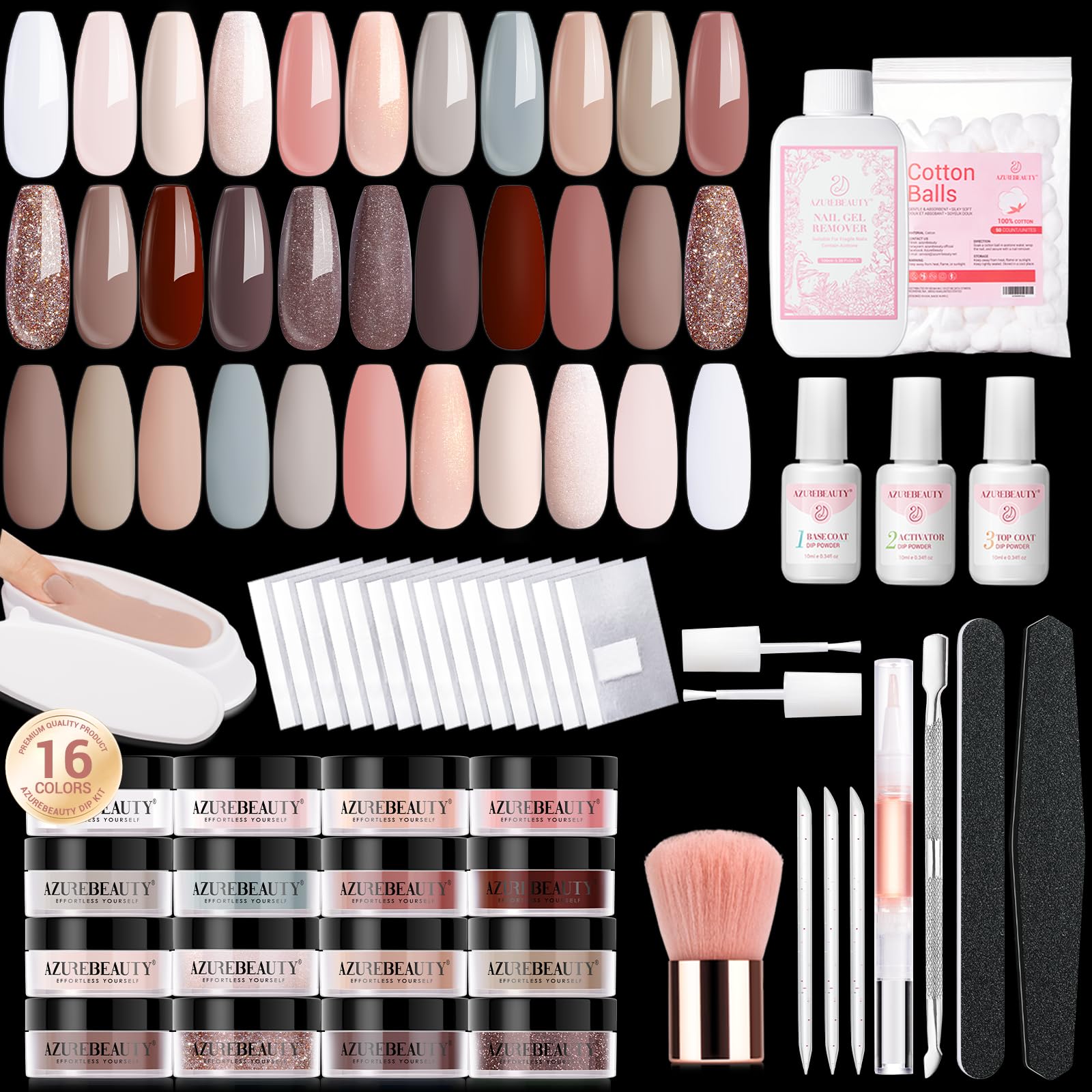 AZUREBEAUTY 130 Pcs Dip Powder Nail Kit,16 Colors Nude Pink Shine Brown Gray Dip Powder Liquid Set with Professional Remover/Top/Base Coat/Activator for Nails Art Manicure DIY Salon Women