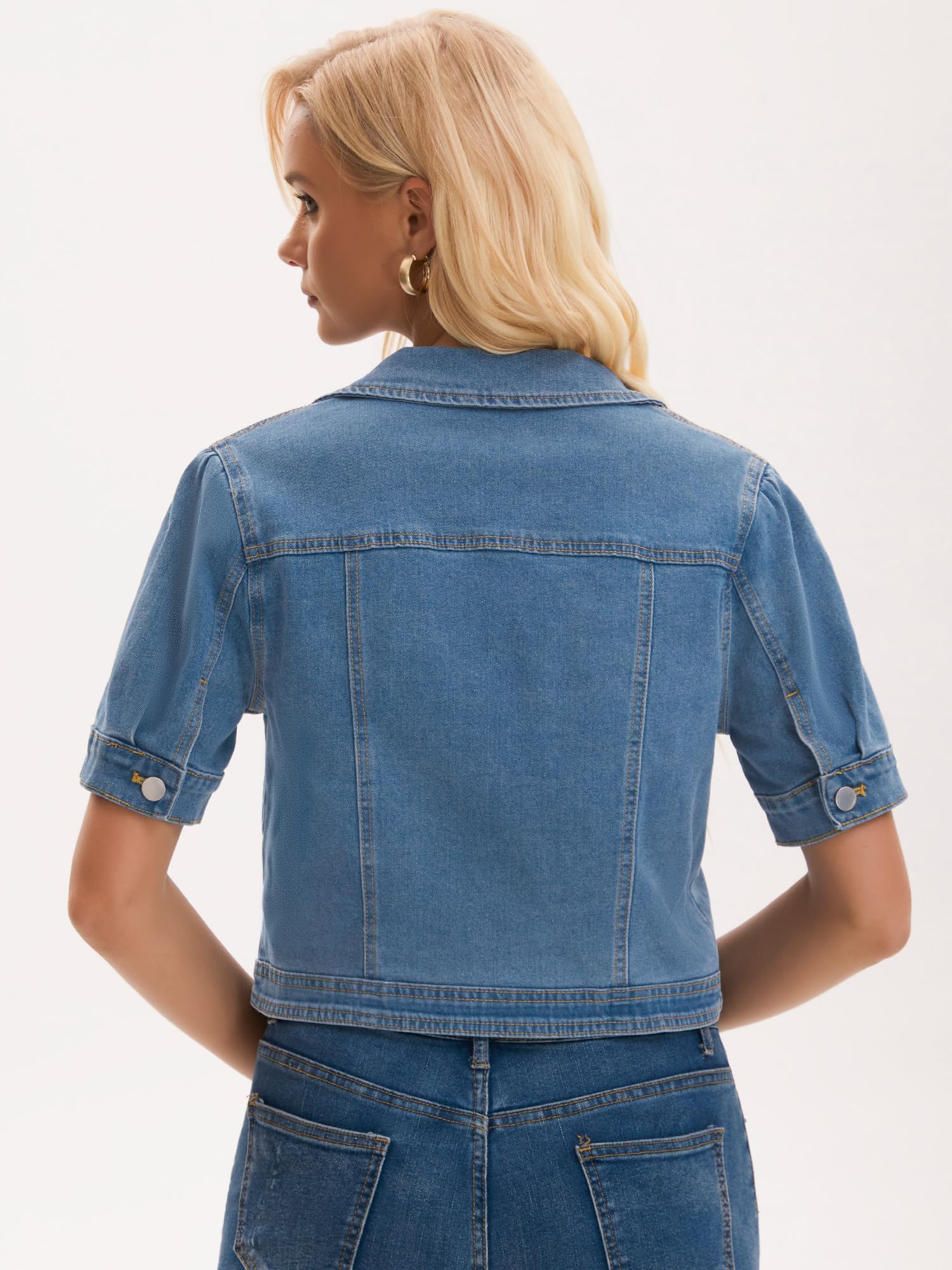 Veste en Jean Femme Manches Courtes Blouson Courte Boutonnée avec Poches Style Rétro et Classique Boléro en Denim