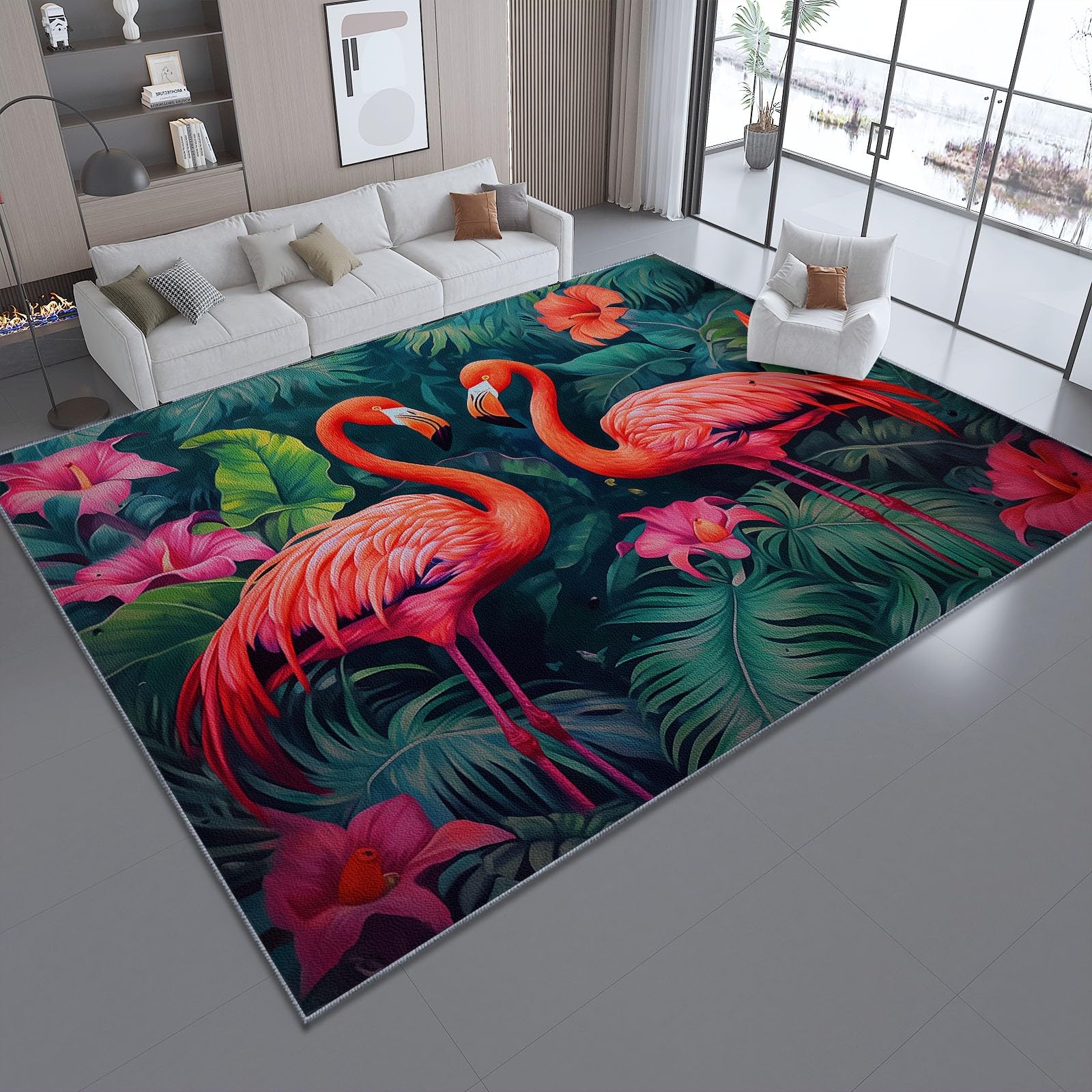 Dywan flamingotropowy, naturalny, miękkie krótkie runo, do salonu, sypialni, antybakteryjny, podkładka antypoślizgowa, klasyczna i czerwony proszek, z nadrukiem, 180 x 250 cm