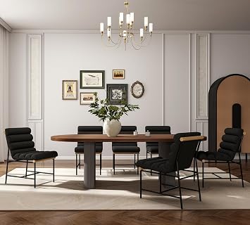 Hyfirm Mid Century Modern Dining Chairs Set of 6 Black Linen Upholstered Dining Chair, Wooden Handle Accent & Black Metal Legs for Dining Room Kitchen Office