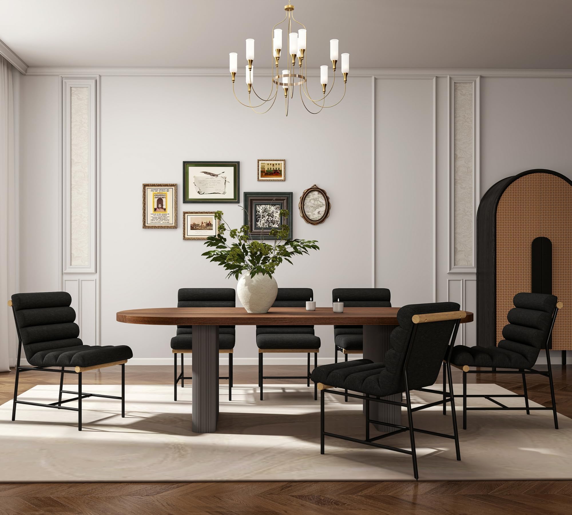 Hyfirm Mid Century Modern Dining Chairs Set of 6 – Black Linen Upholstered Dining Chair, Wooden Handle Accent & Black Metal Legs for Dining Room