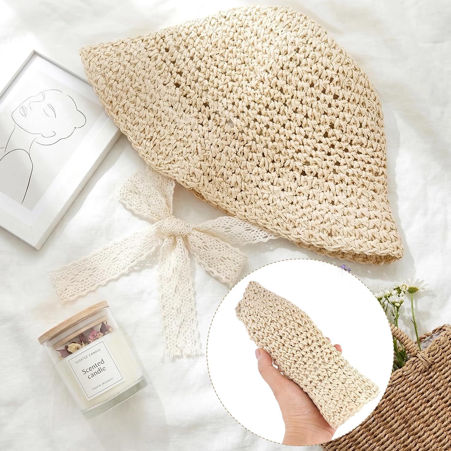 Baby Girl Straw Sun Hat, Toddler Summer Beach Hat, Soft Foldable Infant Sun Hat with Lace Bowknot, Outdoor UV Protection Cap