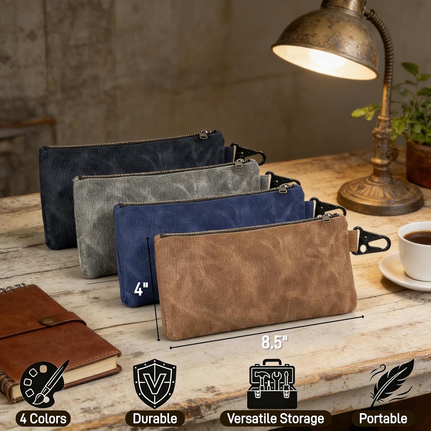 4 Pack Small Tool Pouches, Waxed Canvas Zippered Pouch, Utility Bag with Zipper, Waterproof Tool Organization and Storage for Stationary, Pencil, Gadgets, Cosmetics, Travel Accessory
