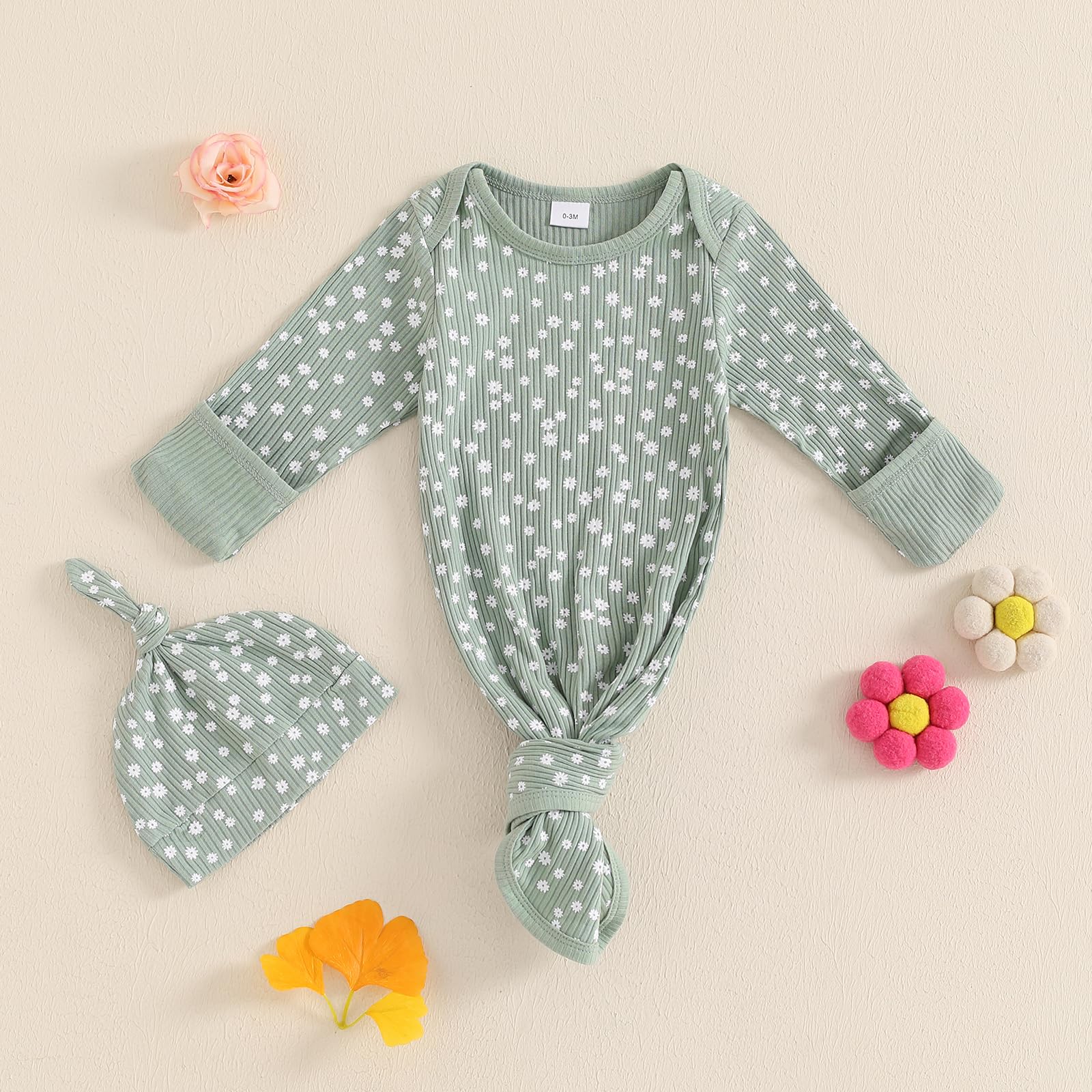 Newborn Sleeper Gown Flower Baby Girl Knit Pajamas Sleepwear Baby Onesie With Mitten Cuffs Coming Home Outfit (Green, Newborn)