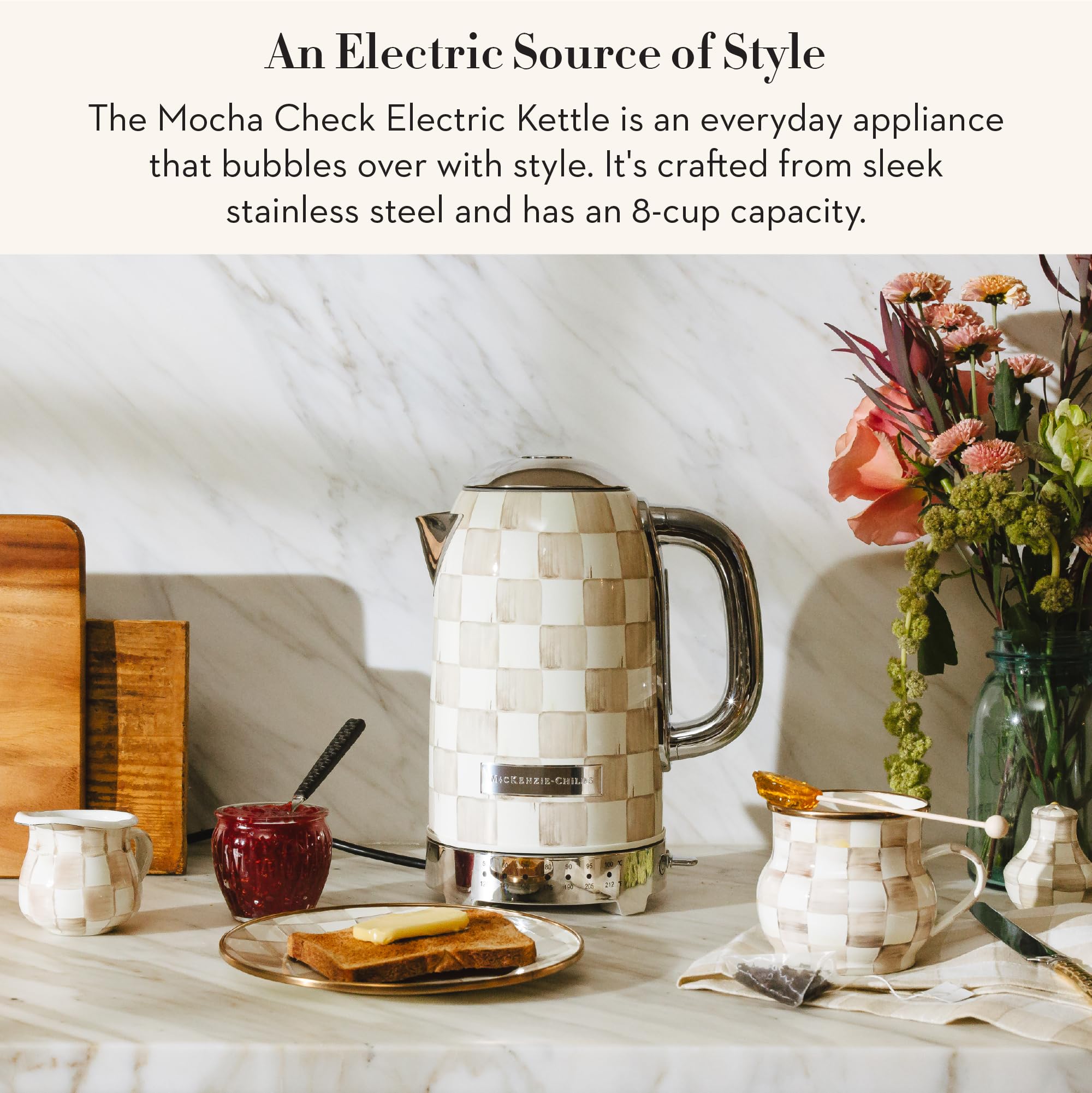 MACKENZIE-CHILDS Electric Kettle, 8 Cups, Brown-and-White Mocha Check | Hand-applied design, made from stainless steel with a chrome-plated handle, ideal for coffee, tea, and other hot beverages