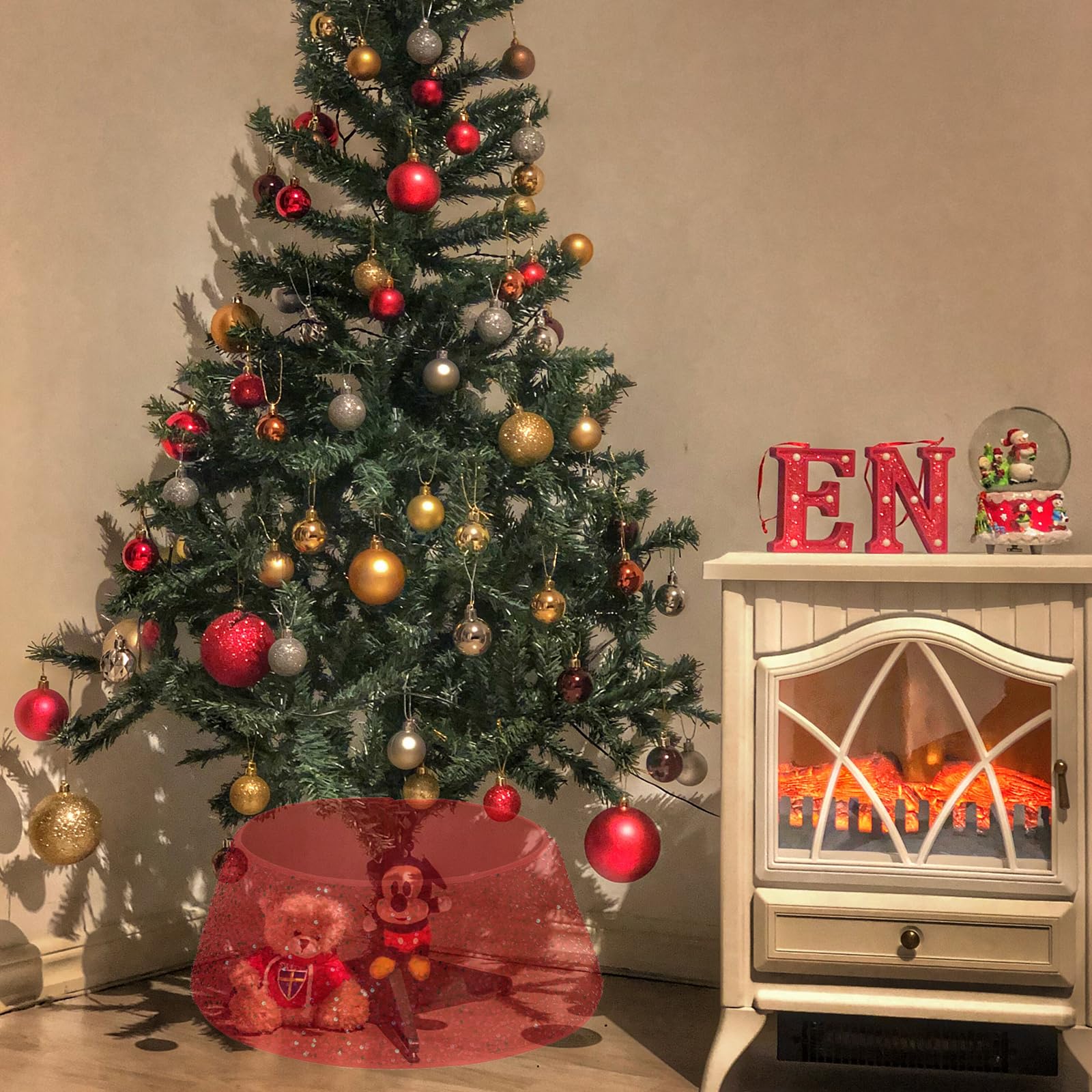Bekecidi Falda del Árbol de Navidad con Purpurina Roja - Cubierta de la Base del Árbol de Navidad - Anillo Decorativo para Adornos de Fiesta en el Hogar de Vacaciones