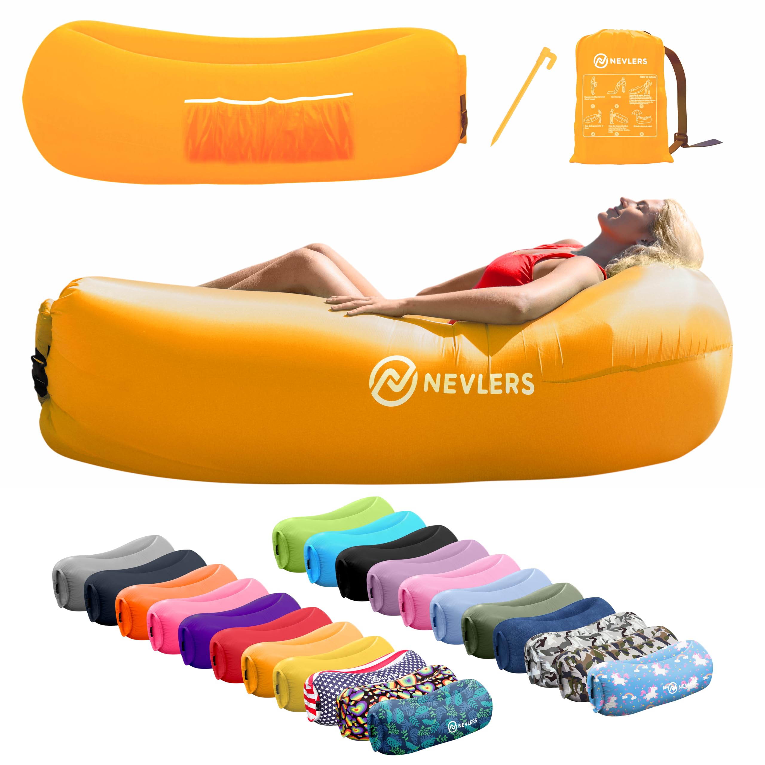 Nevlers Inflatable Lounger | 210T Polyester Inflatable Chair | No-Pump Blow Up Couch | Camping Couch Air Sofa Bed w/ 450 lbs. Cap., Pockets & Matching