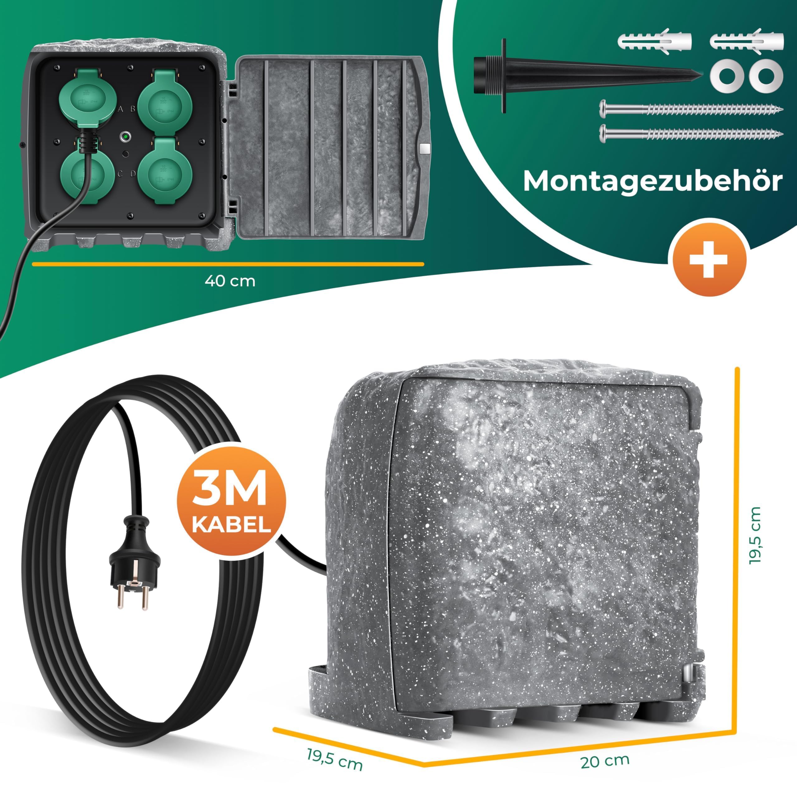 KESSER Zócalo de jardín con aspecto de piedra con 4 enchufes - con función wifi control a través de la aplicación - kit de montaje, enchufes múltiples exteriores con cable de extensión de 3 m toma de