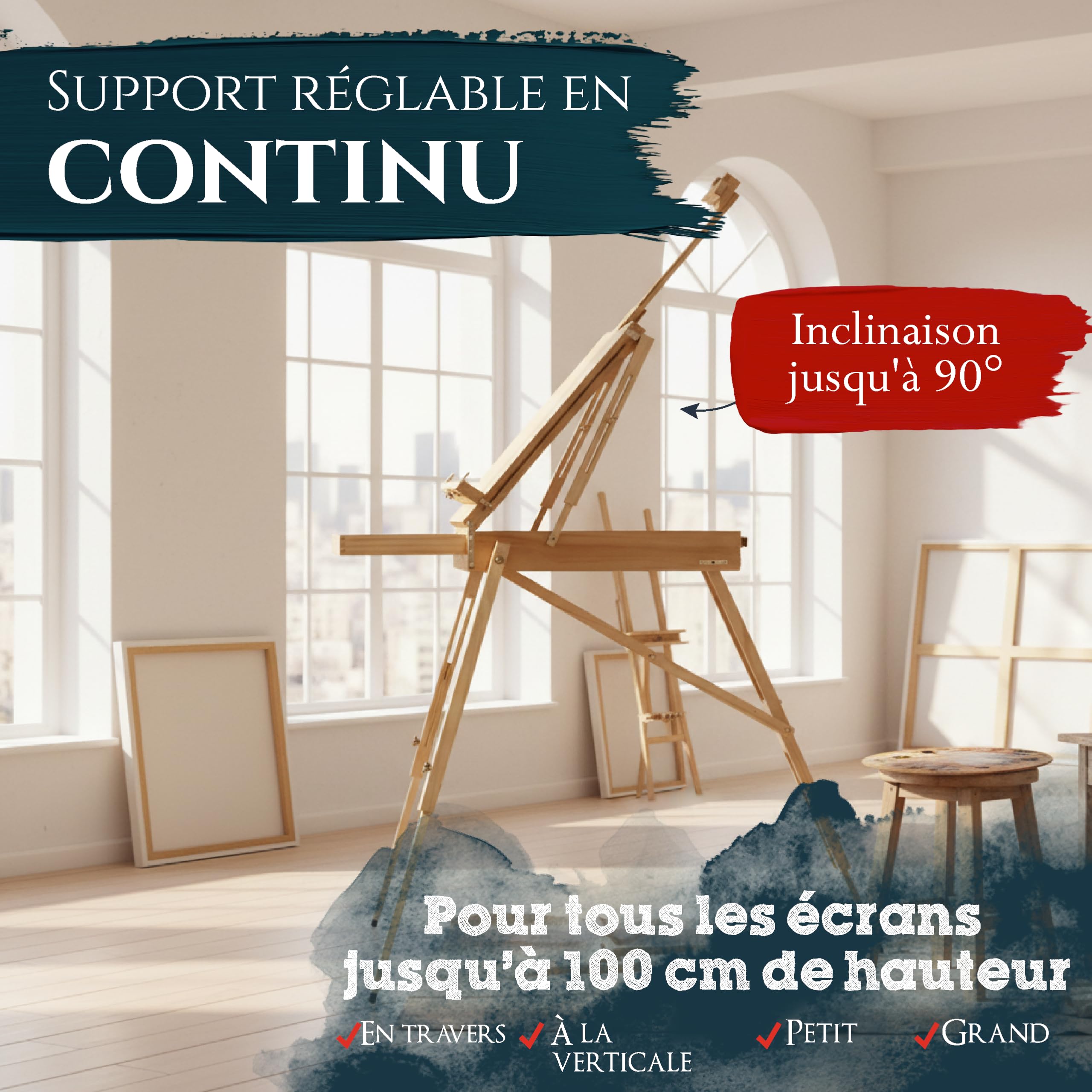 Artina chevalet en bois réglable à 90° pour toile jusqu'à 100cm