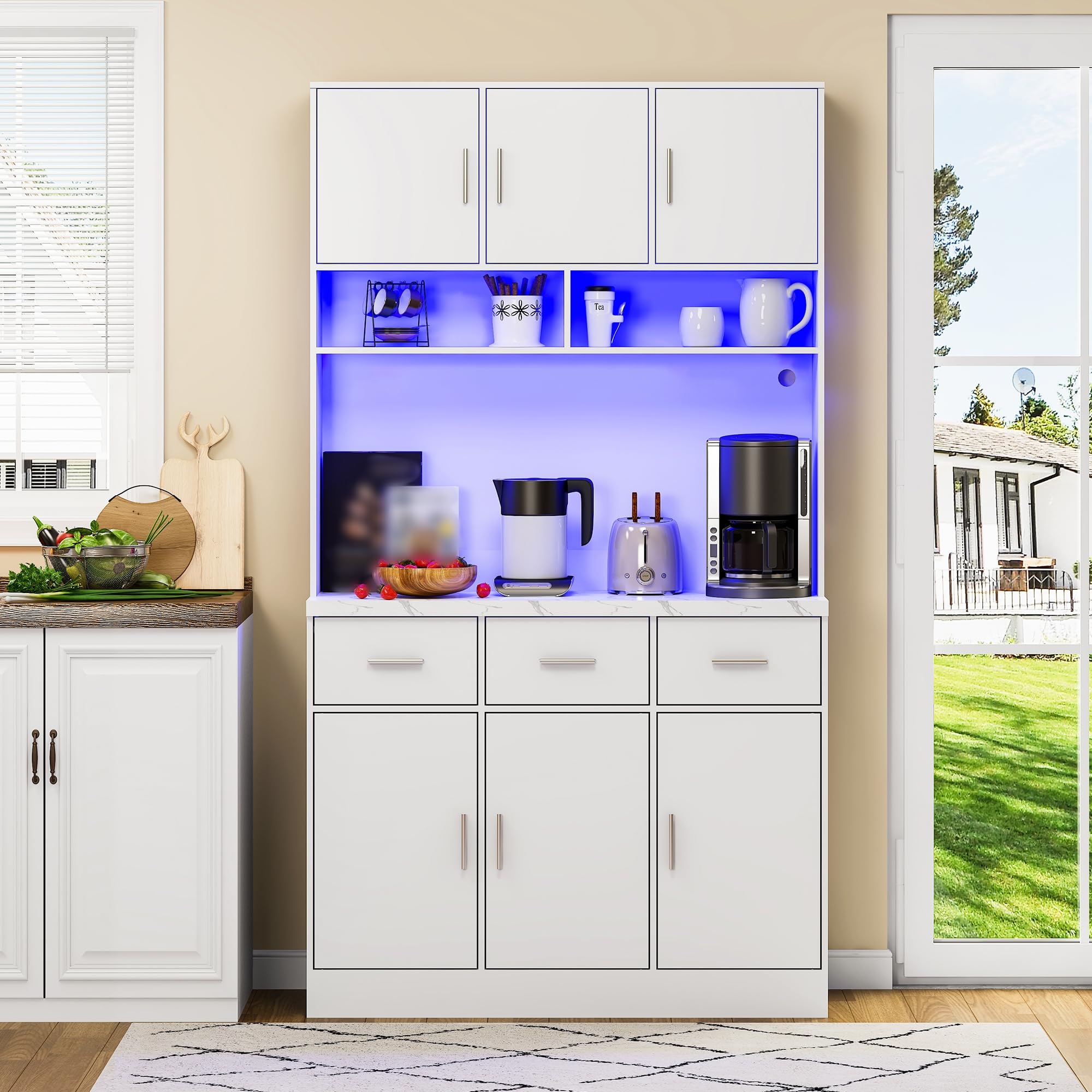 Küchenschrank 100x40x180cm, Buffetschrank mit Arbeitsplatte, Hochschrank mit LED-Beleuchtung und Steckdosen, verstellbaren Regalen und 3 Schubladen, für Küche Wohnzimmer, Weiß
