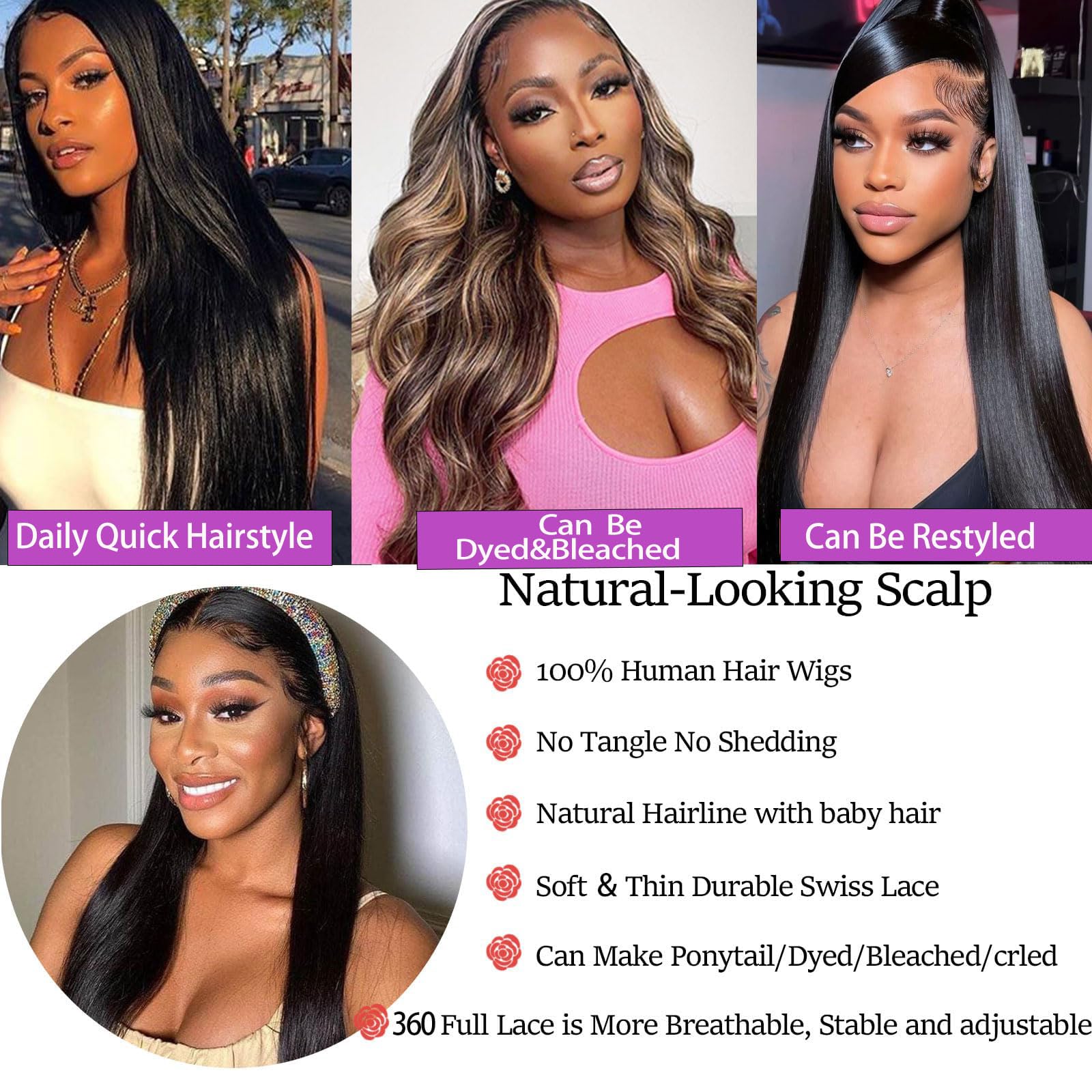 20inch 360 lace front wigs human hair Straight Glueless HD Transparent Lace Front Wigs Human Hair Pre Plucked With Baby Hair Natural Black Wig For Women 180 Density - Image 3
