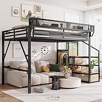 Mirightone Full Size Metal Loft Bed with Stairs, Storage Shelf & Under-Bed Workspace - Heavy Duty 500lbs for Adults, Teens, Kids, Black