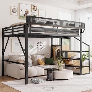 Mirightone Full Size Metal Loft Bed with Stairs, Storage Shelf & Under-Bed Workspace - Heavy Duty 500lbs for Adults, Teens, Kids, Black