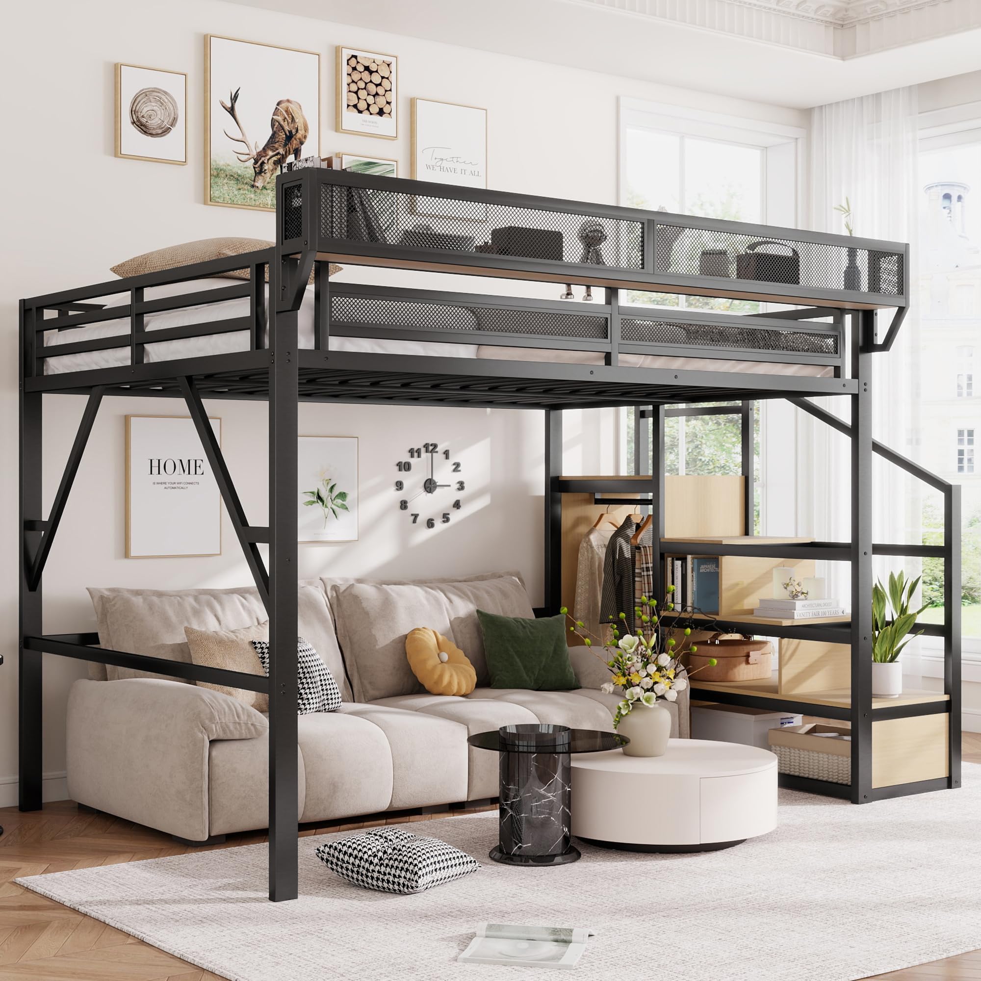 Mirightone Full Size Loft Bed with Stairs and Storage, Metal Loft Bed Frame with Bedside Shelf and Large Under-Bed Space, Heavy-Duty Bed for Adults Teens and Kids, Convertible Staircase, Black