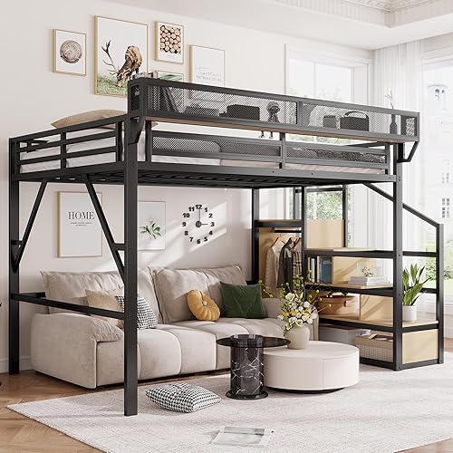 Full Size Loft Bed with Stairs and Storage, Metal Loft Bed Frame with Bedside Shelf and Large Under-Bed Space, Heavy-Duty Bed for Adults Teens and Kids, Convertible Staircase, Black