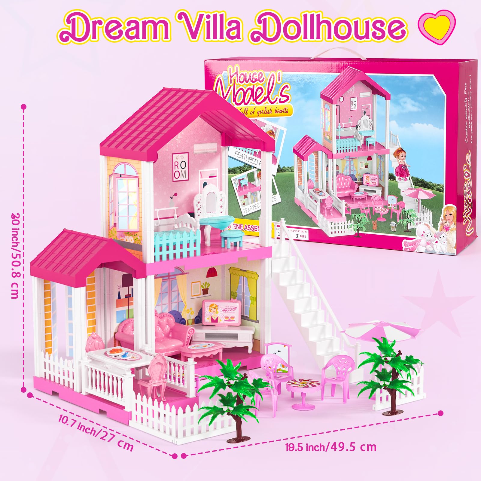 2 Piso Casa de Muñecas para Niñas con Muebles Casita de Muñecas DIY Juguetes Casa de Ensueño Miniatura Perros,Dormitorio,Comedor,Casa de Princesa de Regalo Juguete para Niños 3 4 5 6 Años