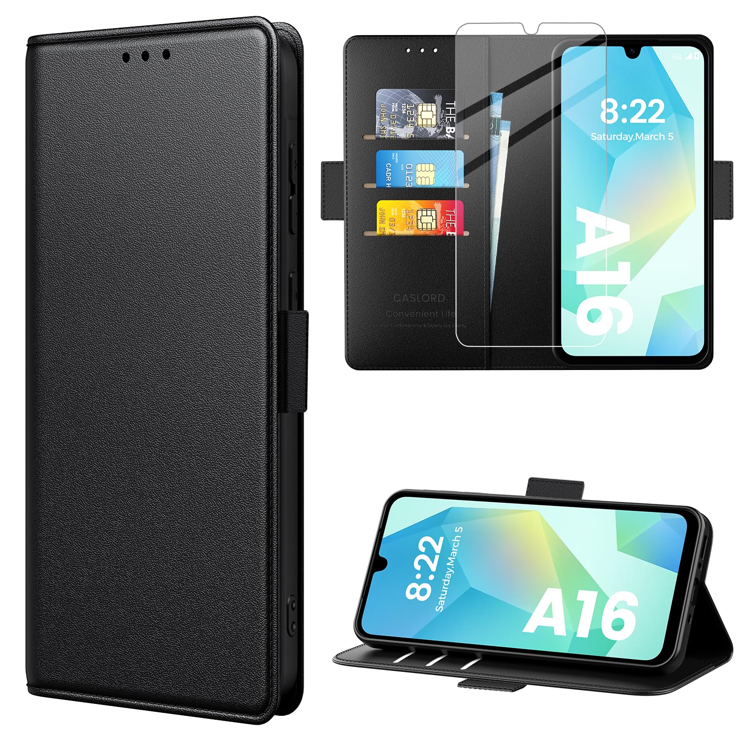caslord Hülle für Samsung Galaxy A16, Premium PU Leder Handyhülle, RFID-Blockierung Klapphülle [Mit 1 Stück Panzer Schutz Glas] Kompatibel mit Samsung Galaxy A16 -Schwarz