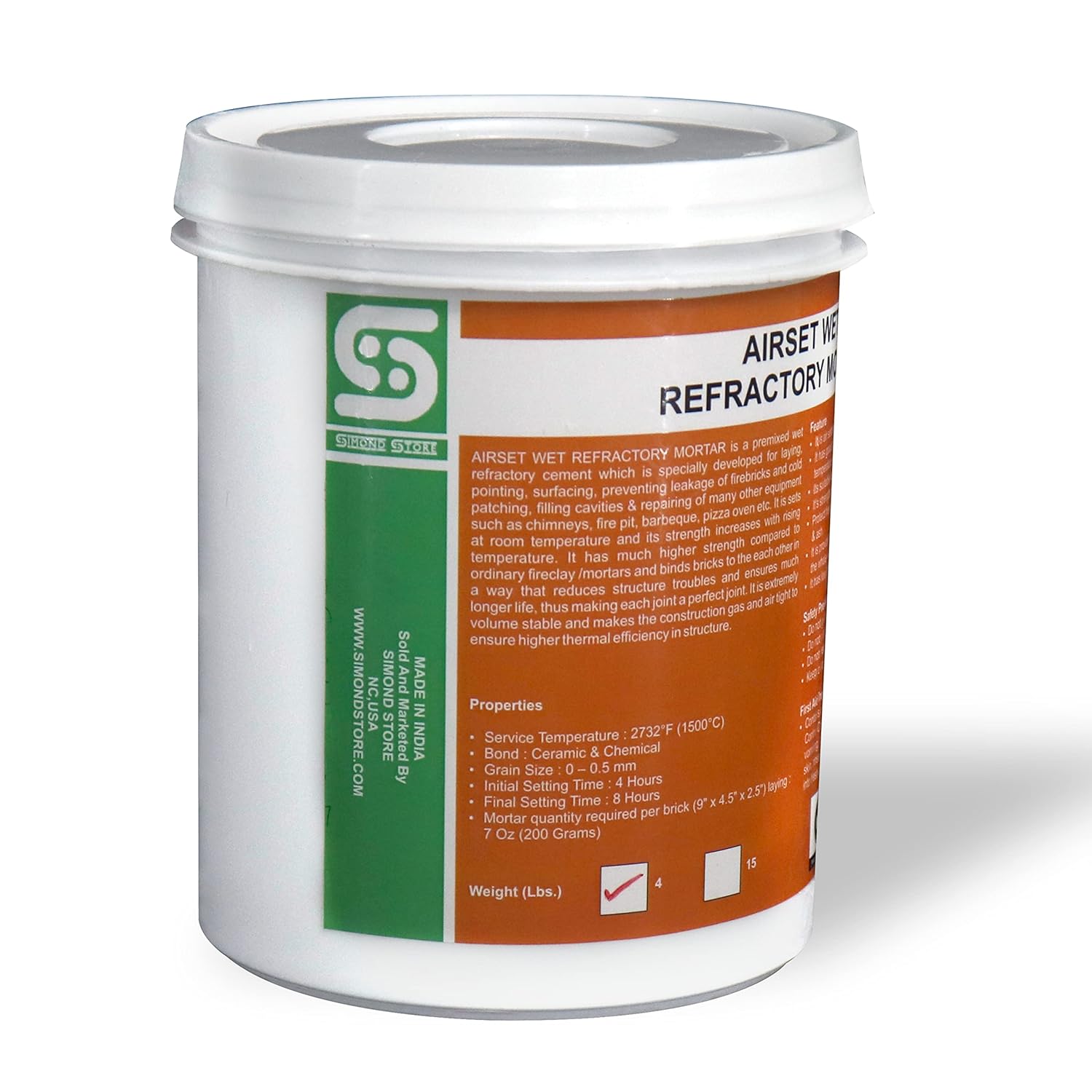 Simond 4 lbs Wet Refractory Mortar 2700°F Air-Setting Cement for Fire Bricks, Forges, Kilns, Pizza Ovens & Fireplaces