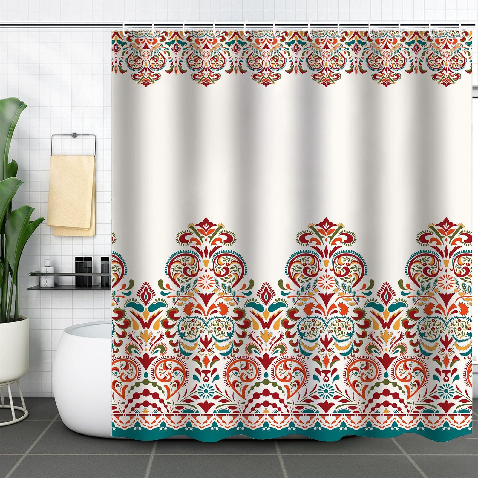 FAIRYGATE Shower Curtain Bathroom Curtains Extra Long Wide Mould Proof Resistant Fabric for Wet Room Bath Decor Fabric Colorful Boho Paisley Damask Print Design 72” x 72” Turquiose Tangerine B8610