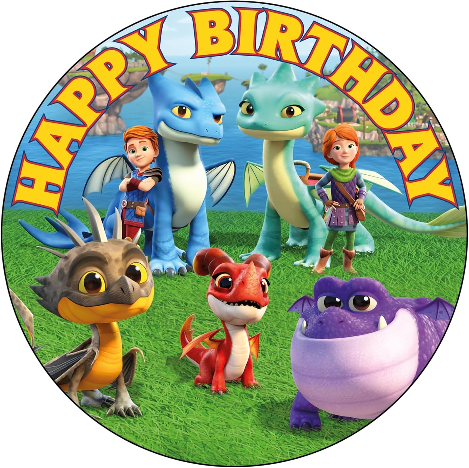 7.5 Inch Dragons Rescue Riders Cake Topper – Round Edible Birthday Cake Decorations, Happy Birthday Cake