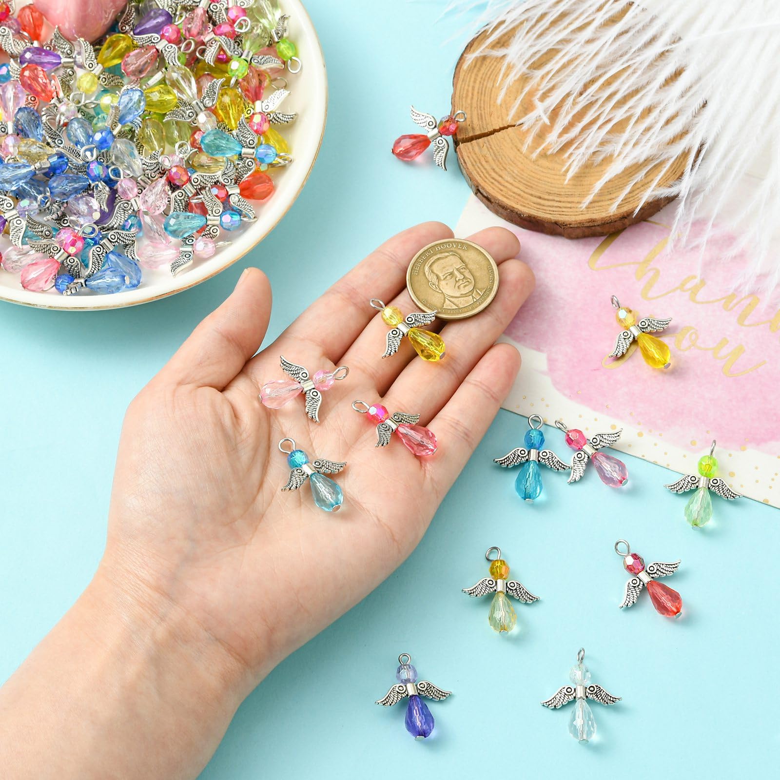 UR URLIFEHALL 100 Pcs 10 Styles Guardian Angel Charms Colourful Acrylic Beads with Fairy Wing Charms for Jewellery Making DIY Crafts Keychain - Image 4