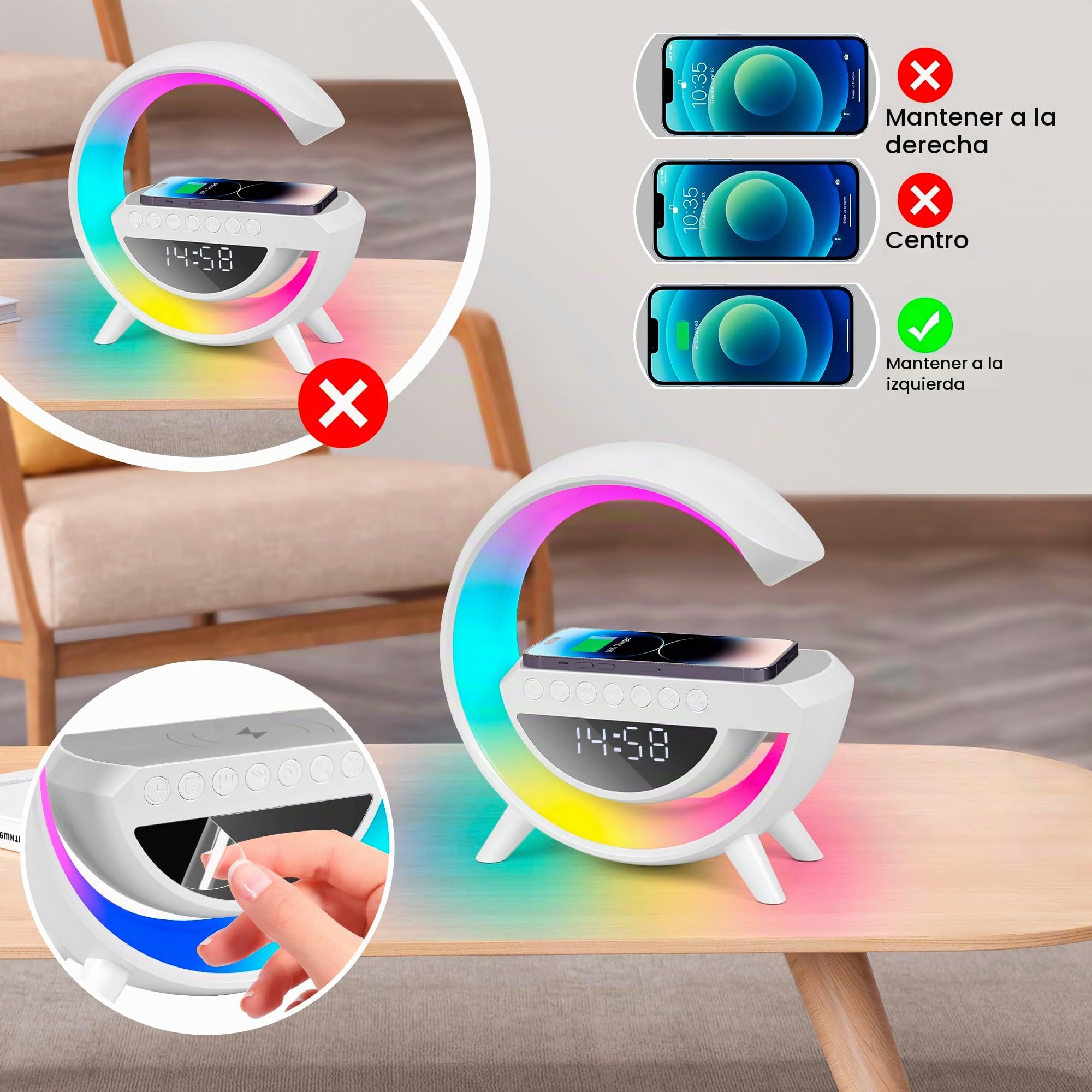 Lámpara de carga inalámbrica, 15W despertador luz nocturna RGB multifuncional, estación de carga inalámbrica, altavoz Bluetooth, despertador digital para dormitorio/camping