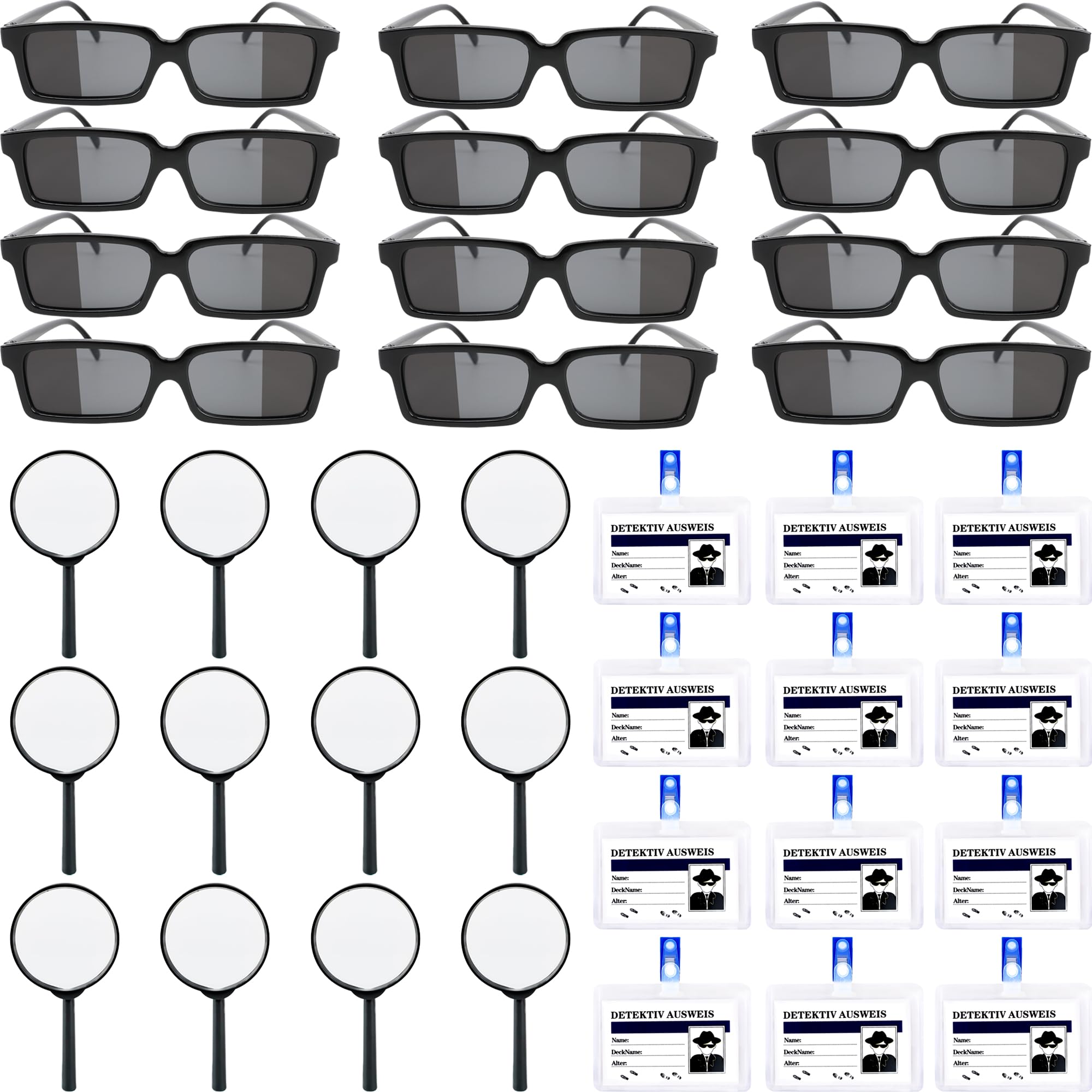 36 Pcs Kids Spy Kit Detective Toy Set Including 12 See Behind You Sunglasses 12 Black detective Mmagnifying Glass 12 Secret Agent Name Tags for Spy FBI Cosplay Escape Room Detective Party Supplies