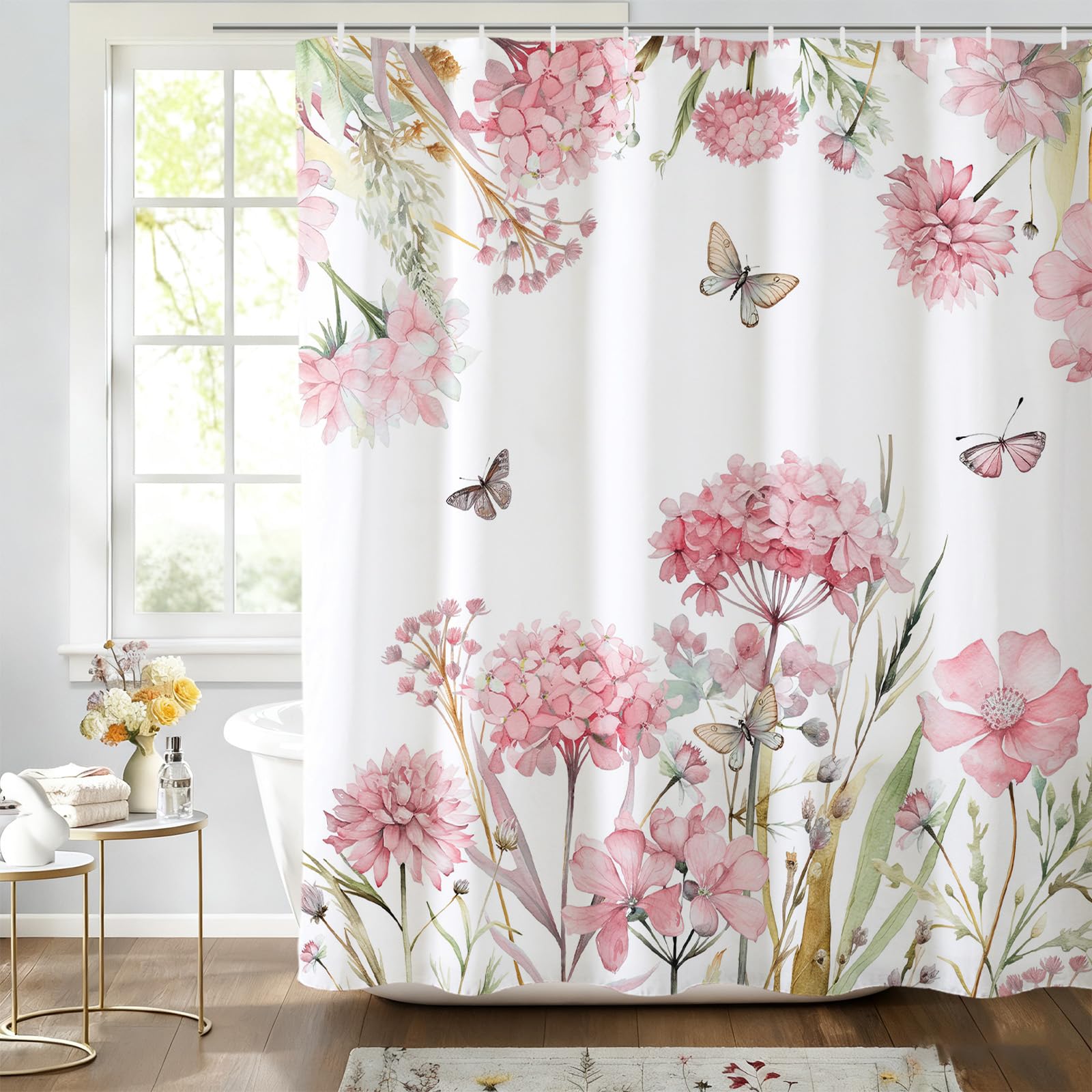 Baccessor Pink Floral Hydrangea Shower Curtain Cute Butterfly Plants Shower Curtain Farmhouse Polyester Fabric Seasonal Bathroom Home Decor Bath